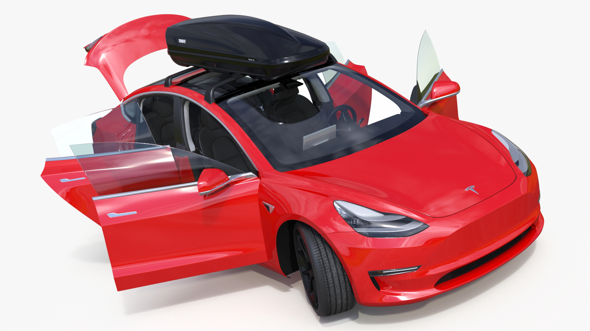 3D Tesla with Thule Car Roofbox on Roof Rack Rigged model
