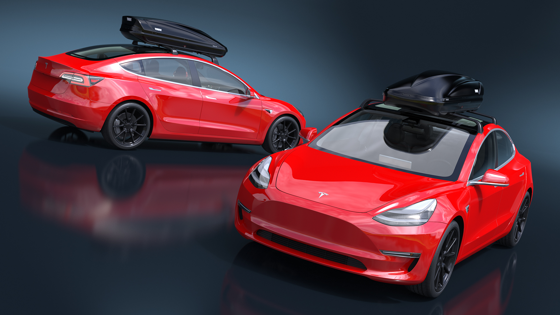3D Tesla with Thule Car Roofbox on Roof Rack Rigged model
