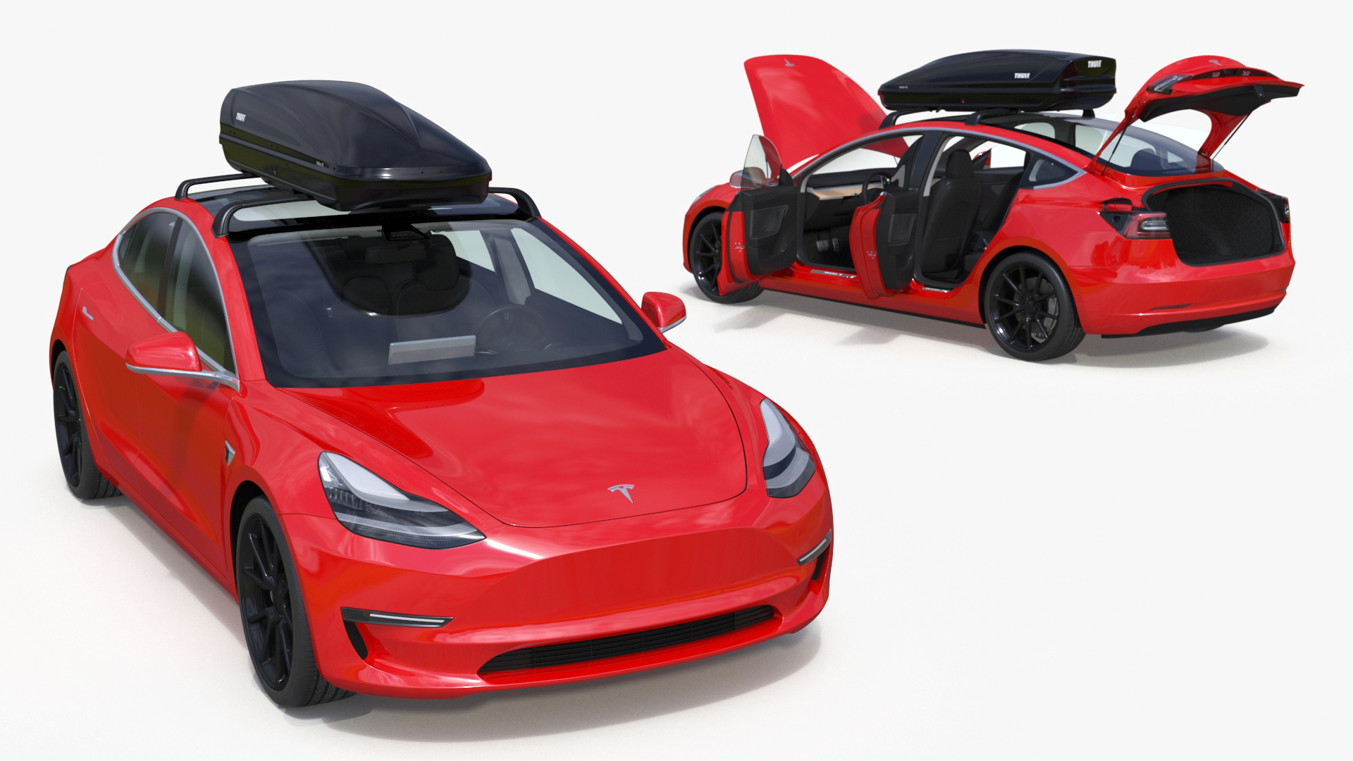 3D Tesla with Thule Car Roofbox on Roof Rack Rigged model