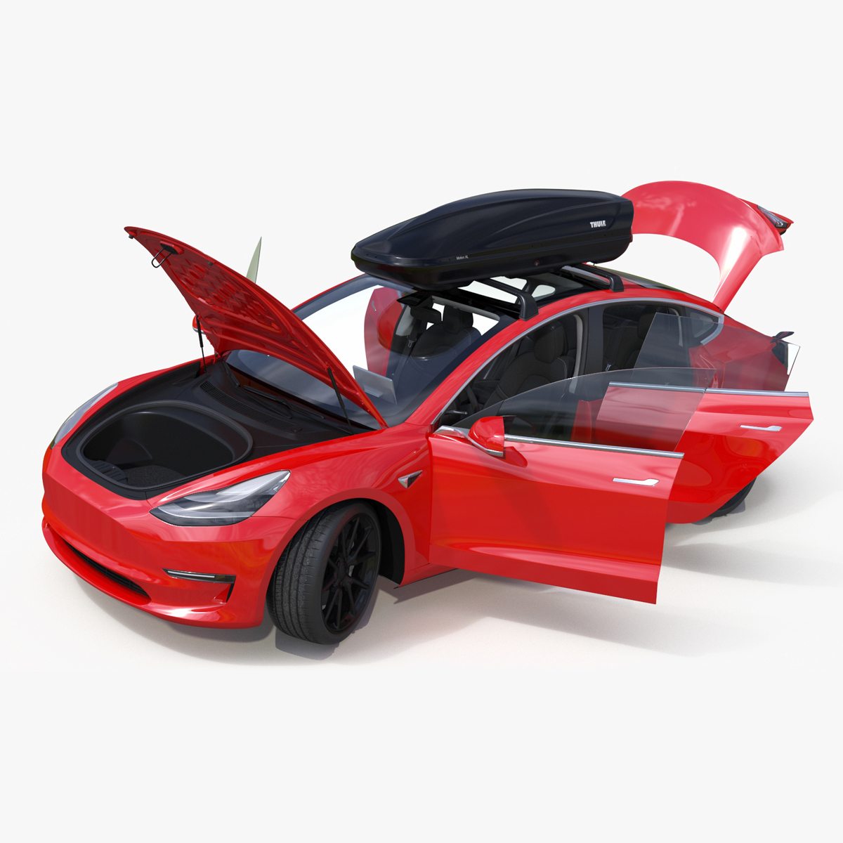 3D Tesla with Thule Car Roofbox on Roof Rack Rigged model