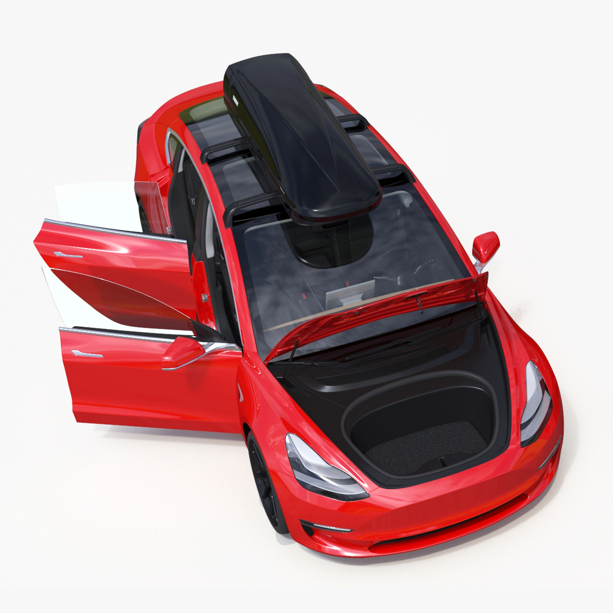 3D Tesla with Thule Car Roofbox on Roof Rack Rigged model