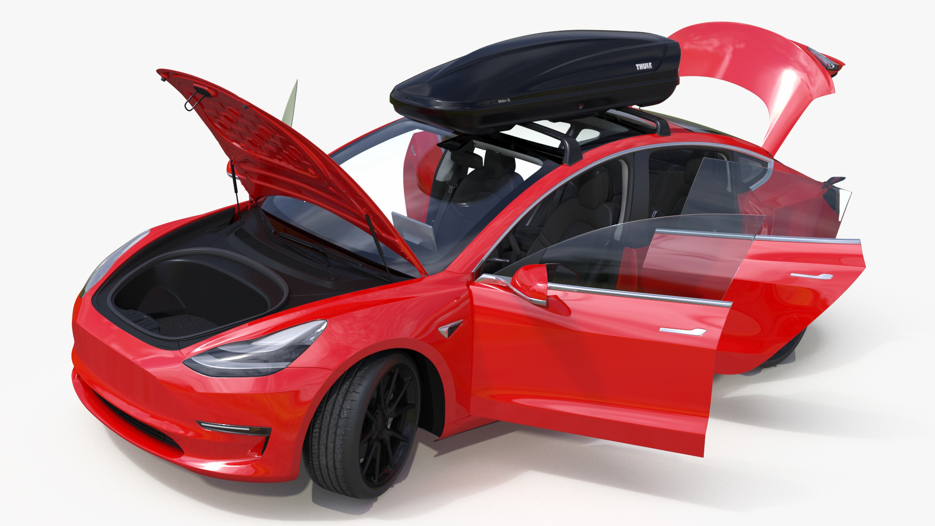 3D Tesla with Thule Car Roofbox on Roof Rack Rigged model