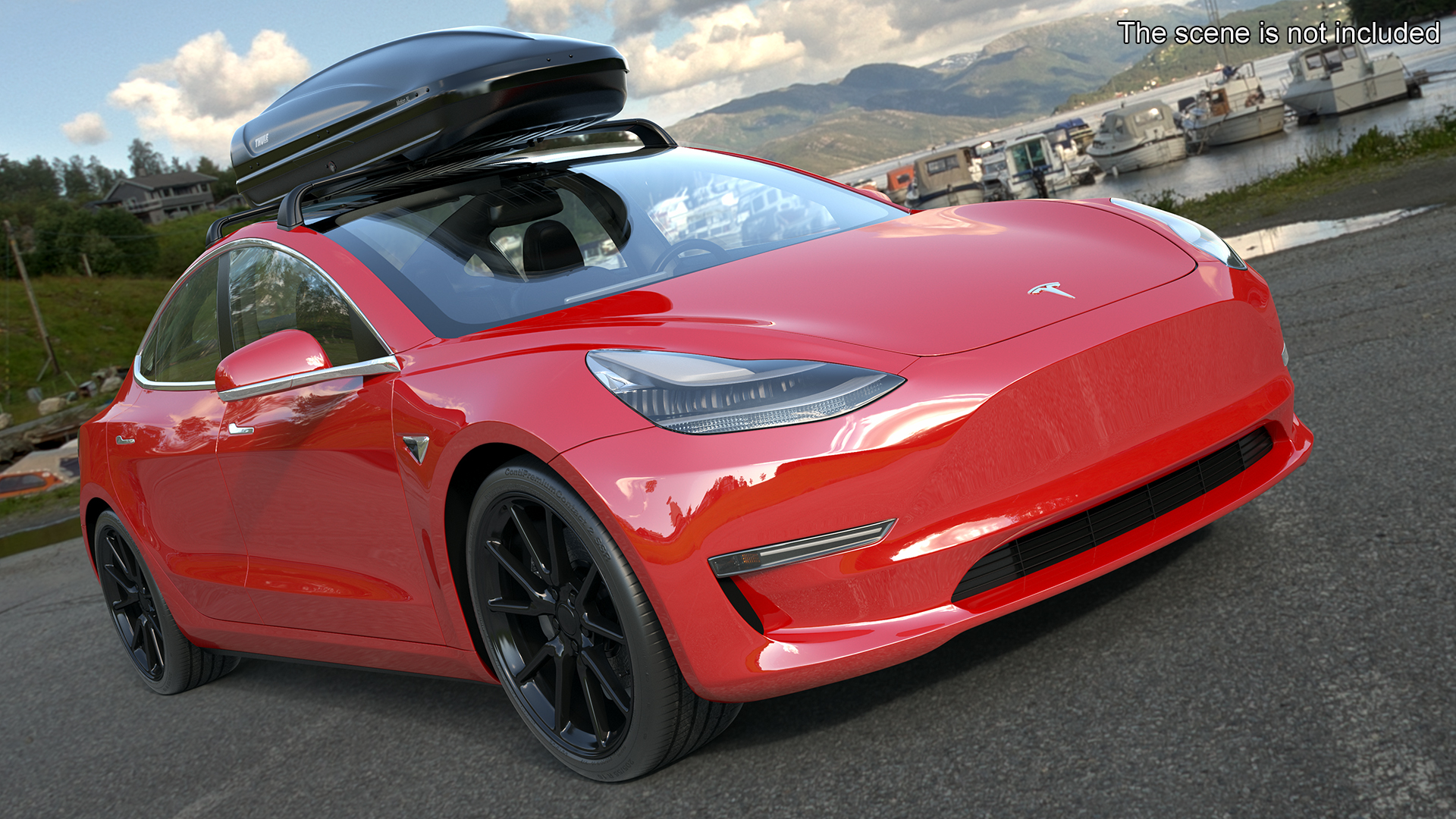 3D Tesla with Thule Car Roofbox on Roof Rack Rigged model