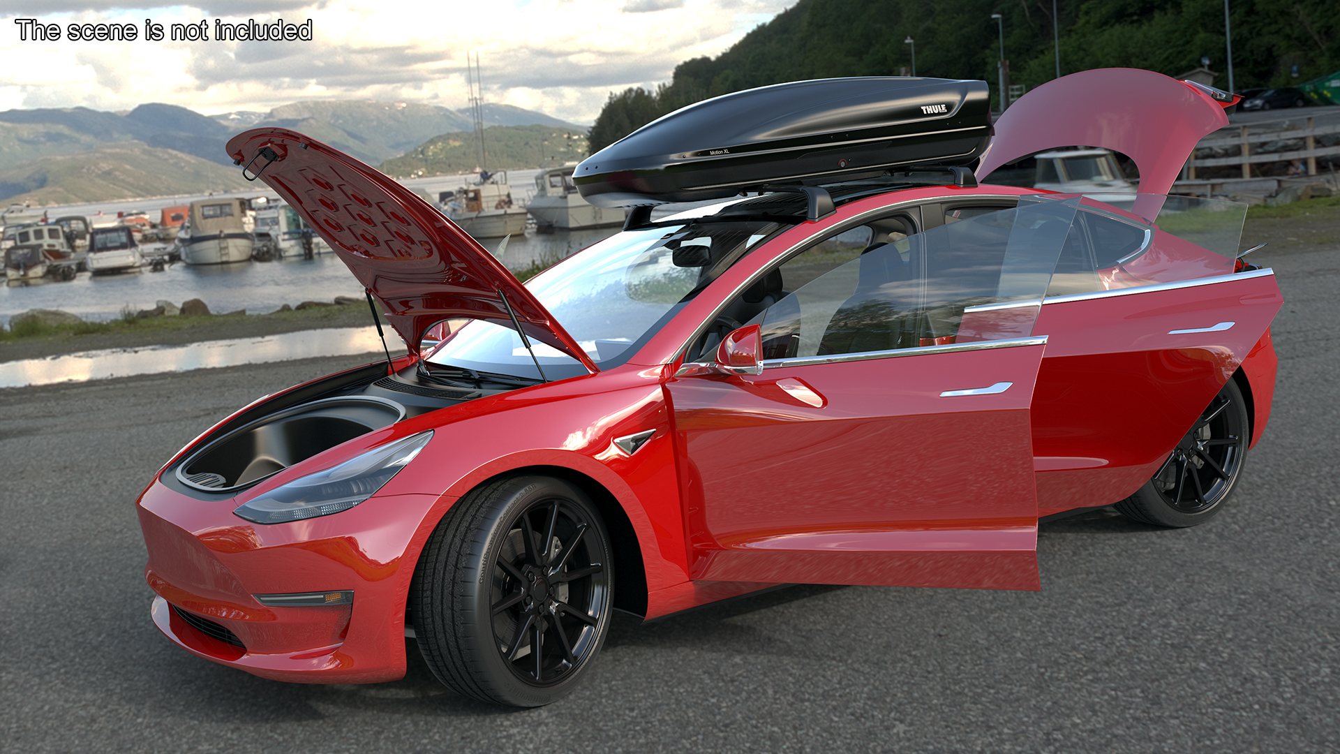 3D Tesla with Thule Car Roofbox on Roof Rack Rigged model