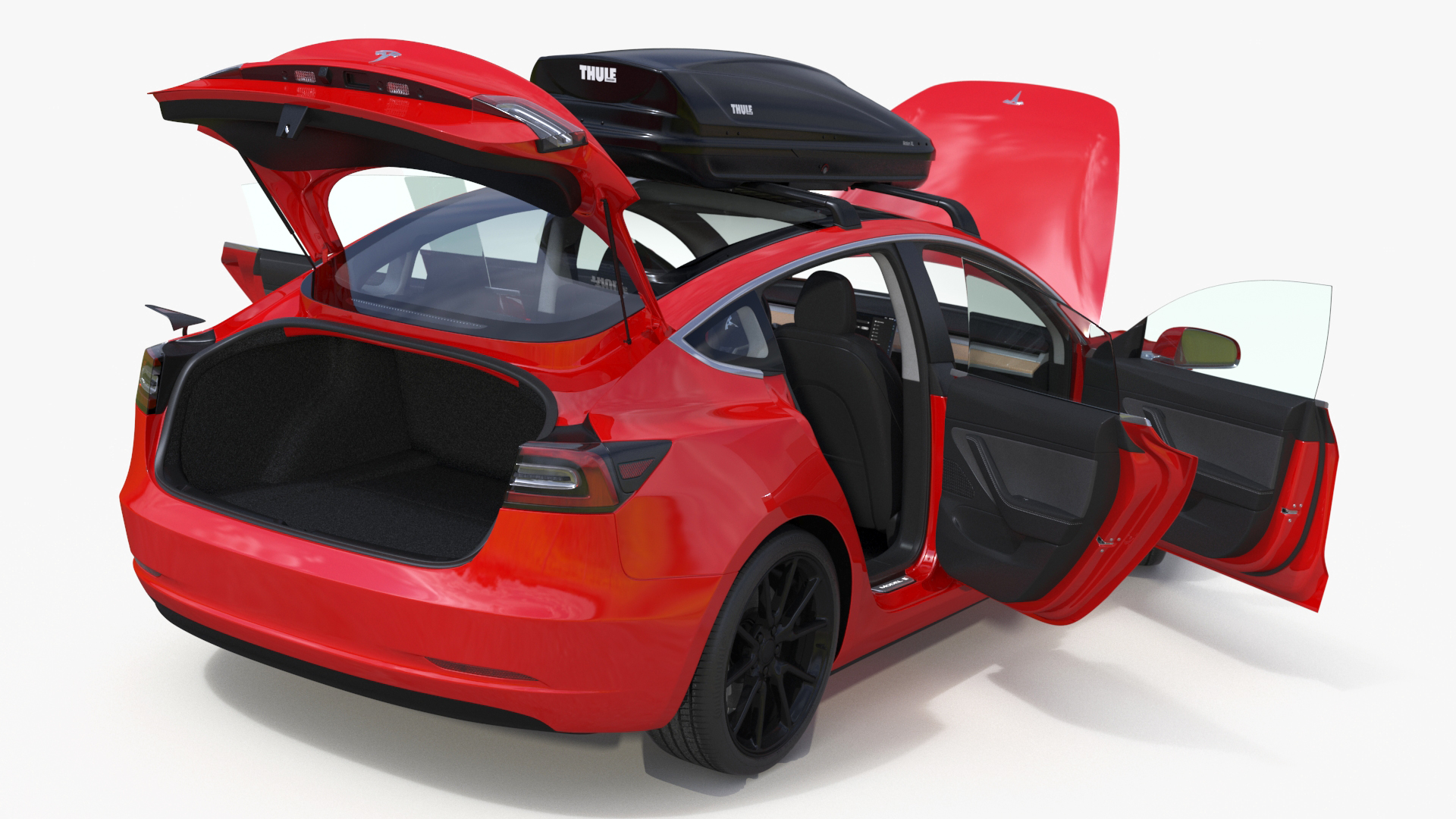 3D Tesla with Thule Car Roofbox on Roof Rack Rigged model