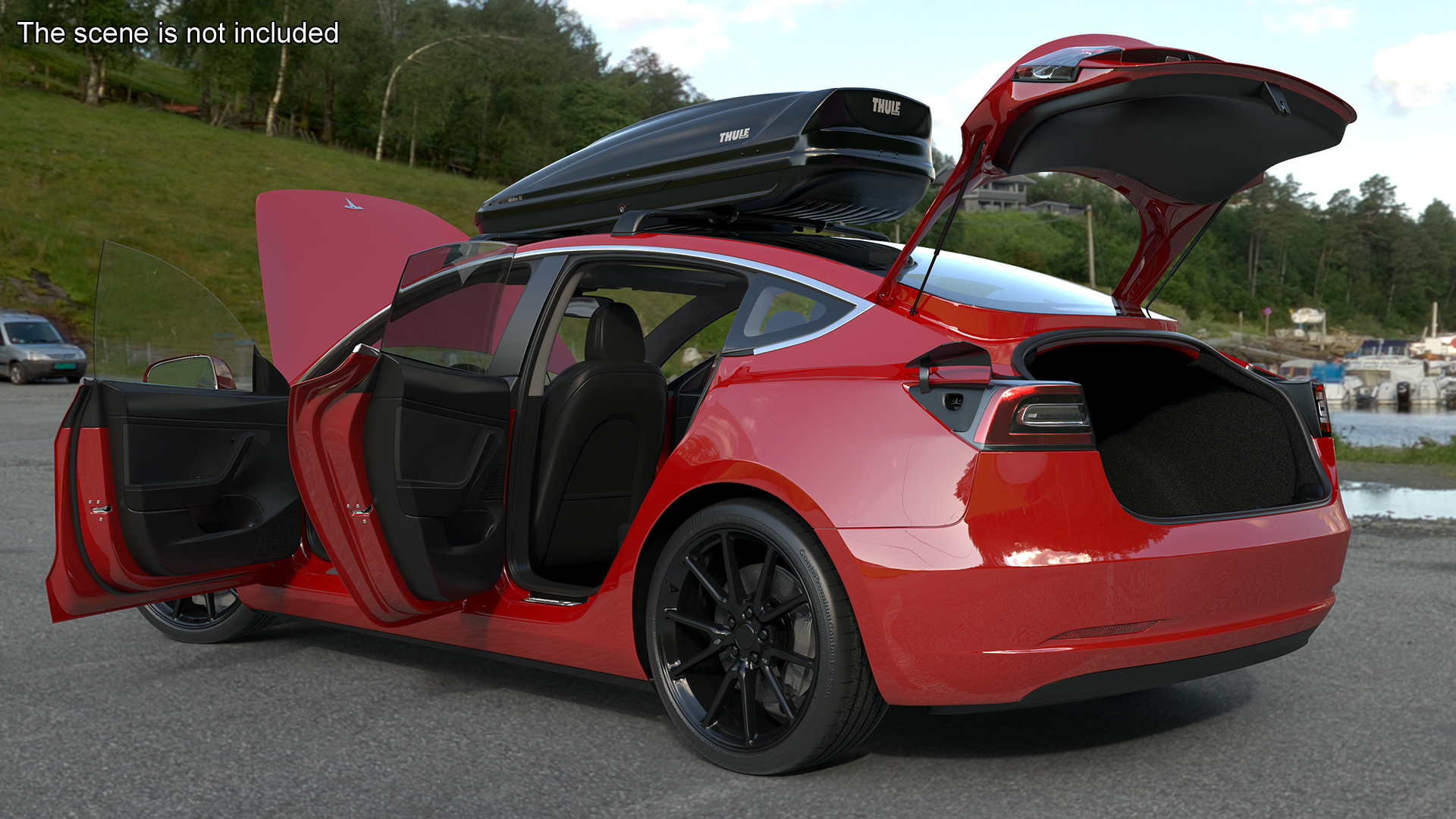 3D Tesla with Thule Car Roofbox on Roof Rack Rigged model