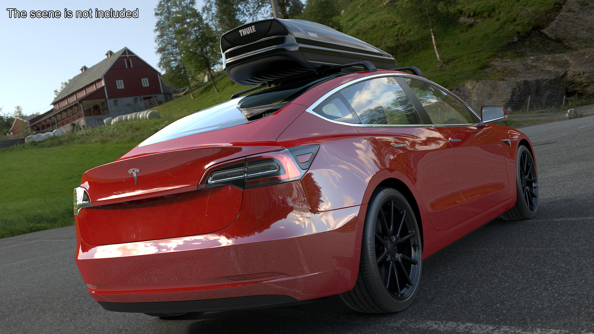 3D Tesla with Thule Car Roofbox on Roof Rack Rigged model