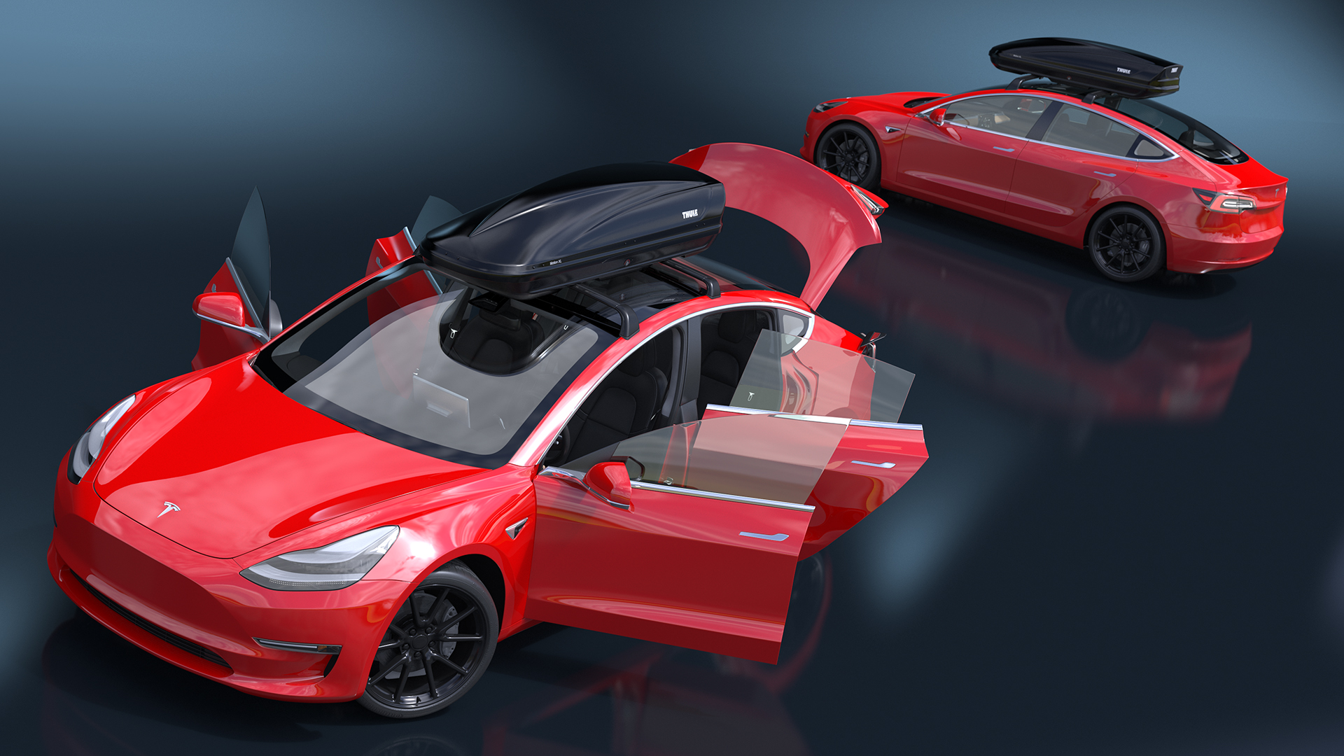3D Tesla with Thule Car Roofbox on Roof Rack Rigged model