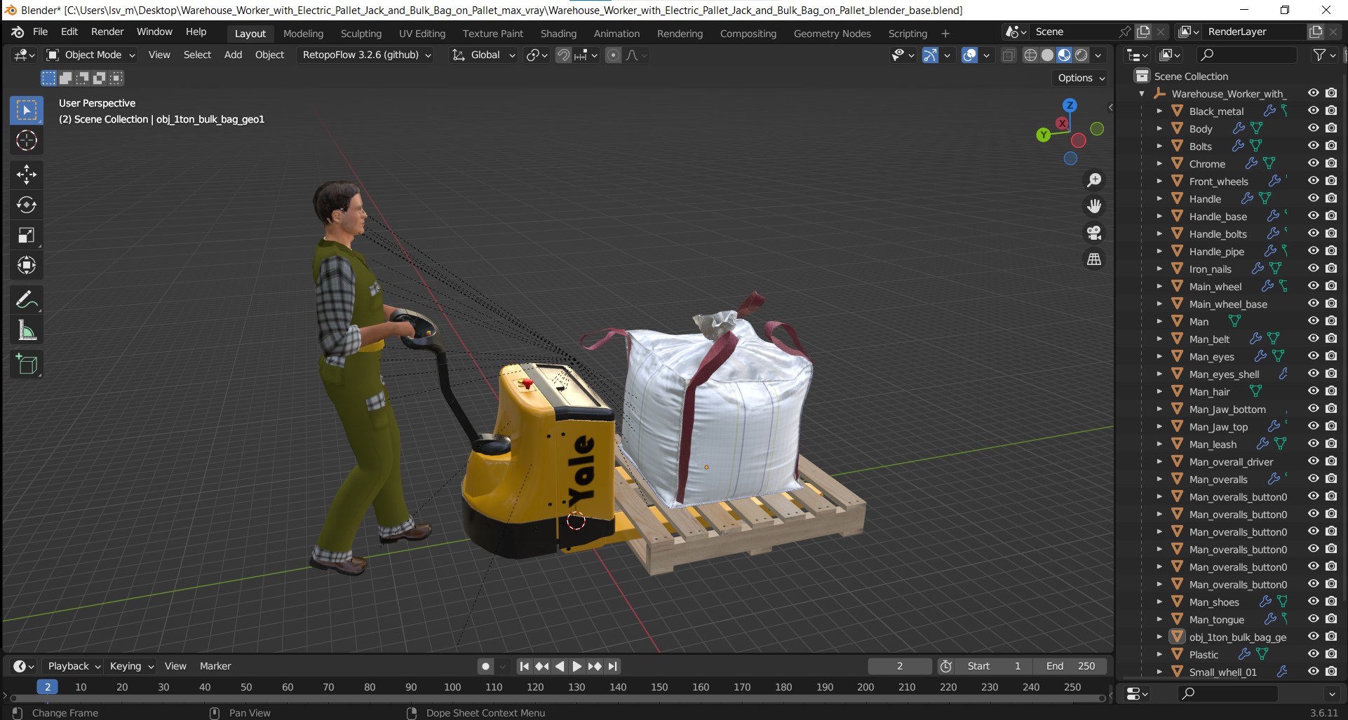 3D model Warehouse Worker with Electric Pallet Jack and Bulk Bag on Pallet