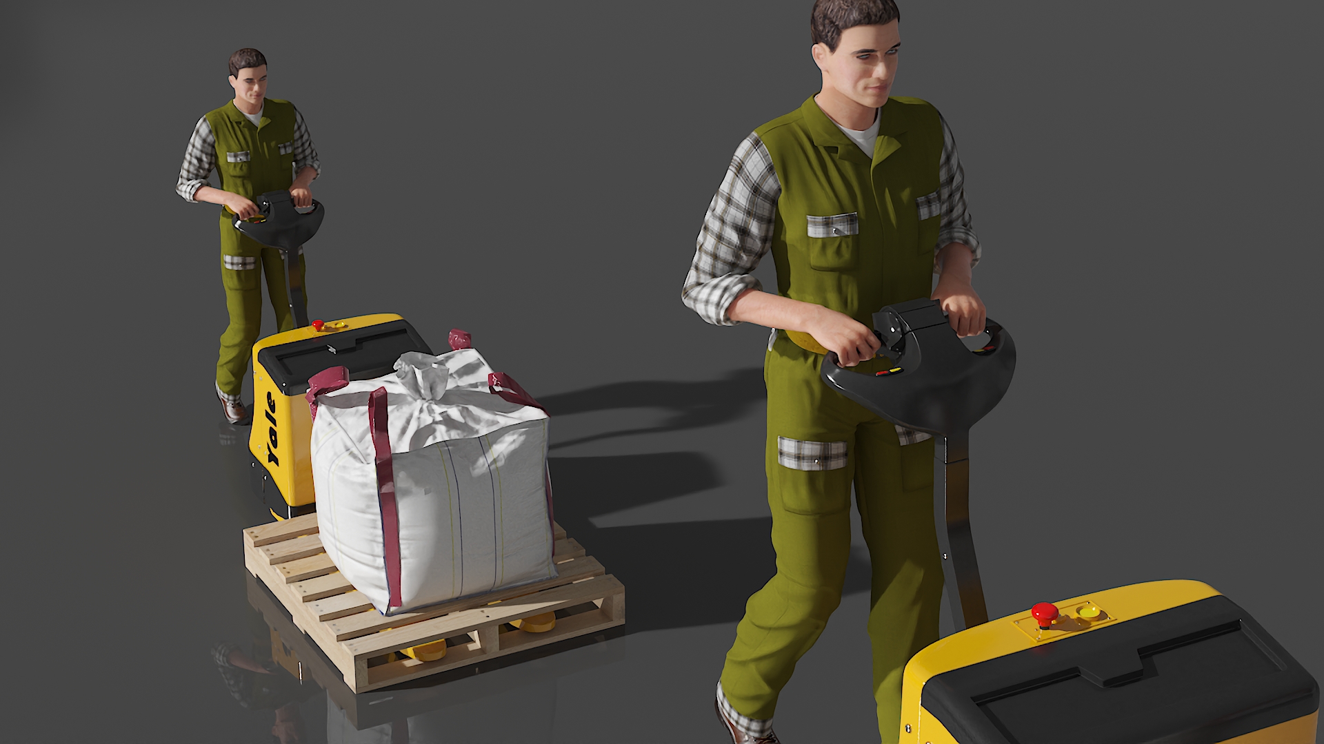 3D model Warehouse Worker with Electric Pallet Jack and Bulk Bag on Pallet