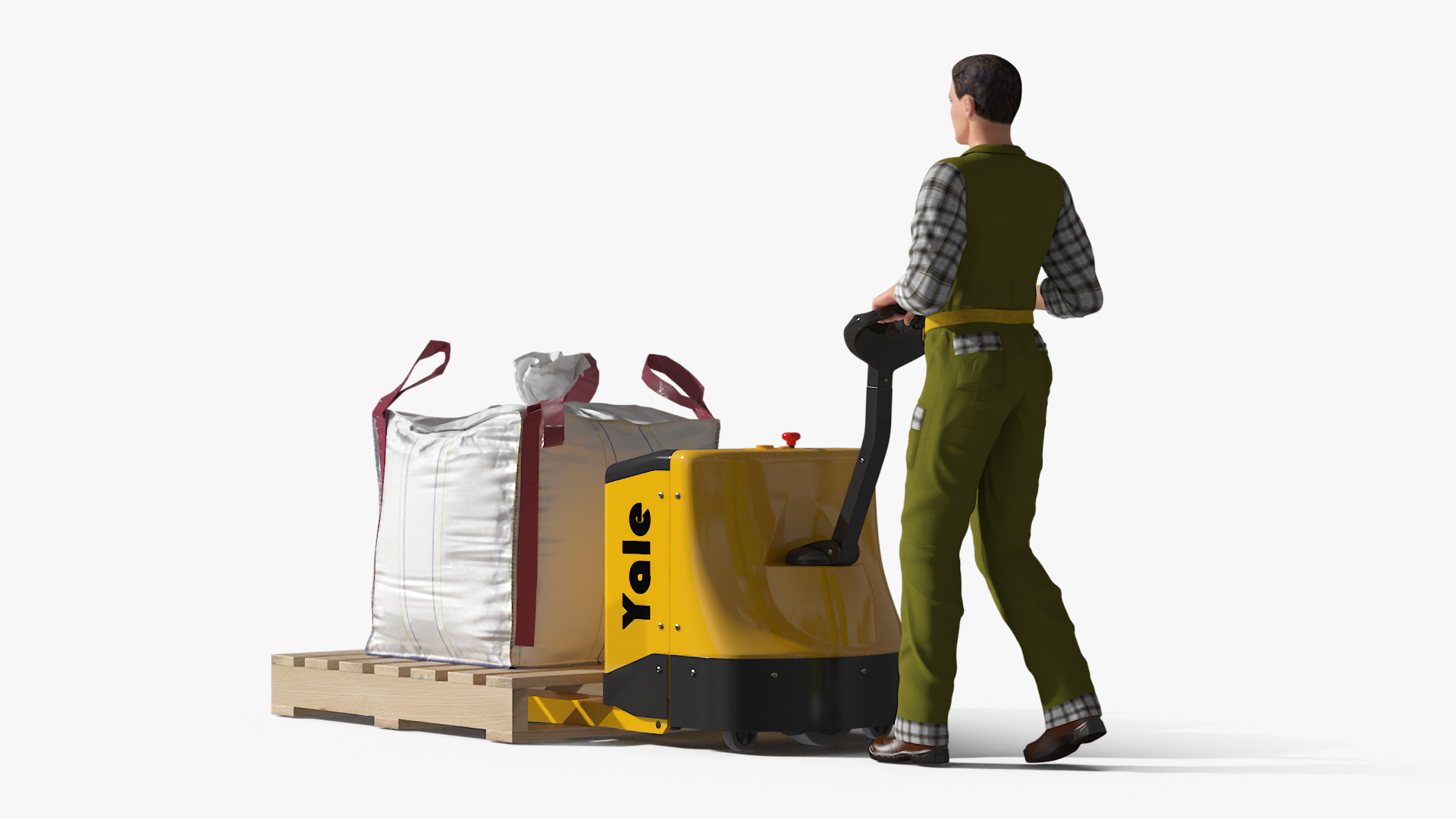 3D model Warehouse Worker with Electric Pallet Jack and Bulk Bag on Pallet