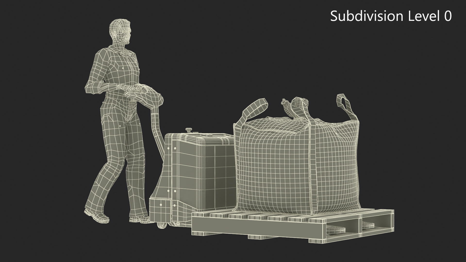 3D model Warehouse Worker with Electric Pallet Jack and Bulk Bag on Pallet