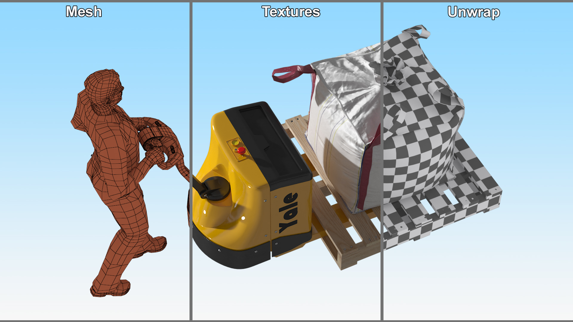 3D model Warehouse Worker with Electric Pallet Jack and Bulk Bag on Pallet