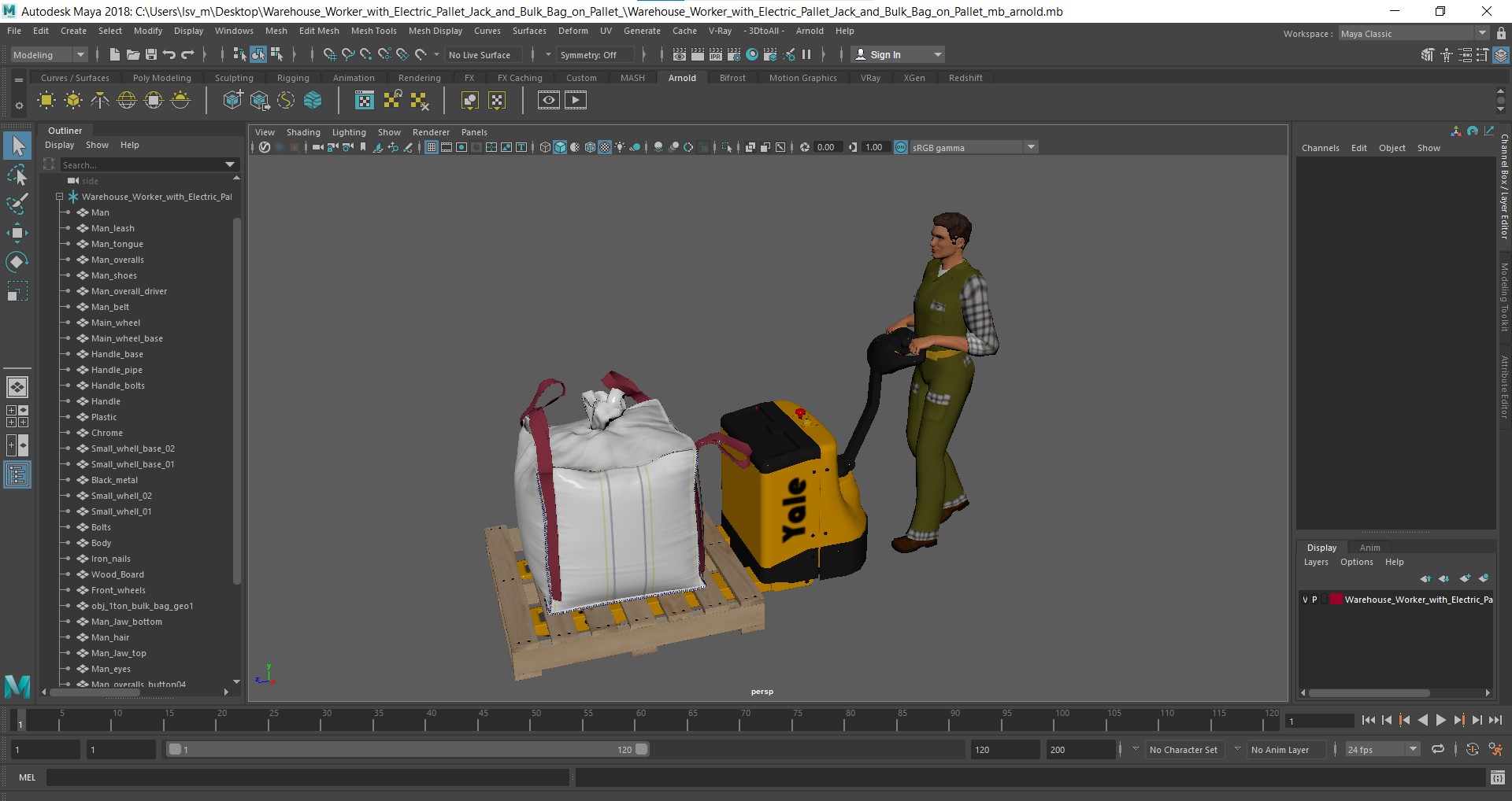 3D model Warehouse Worker with Electric Pallet Jack and Bulk Bag on Pallet