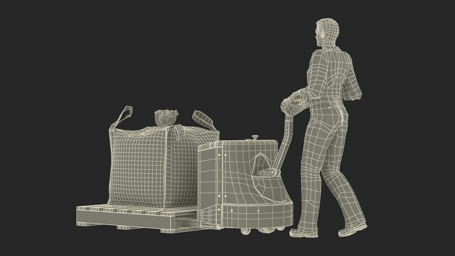 3D model Warehouse Worker with Electric Pallet Jack and Bulk Bag on Pallet