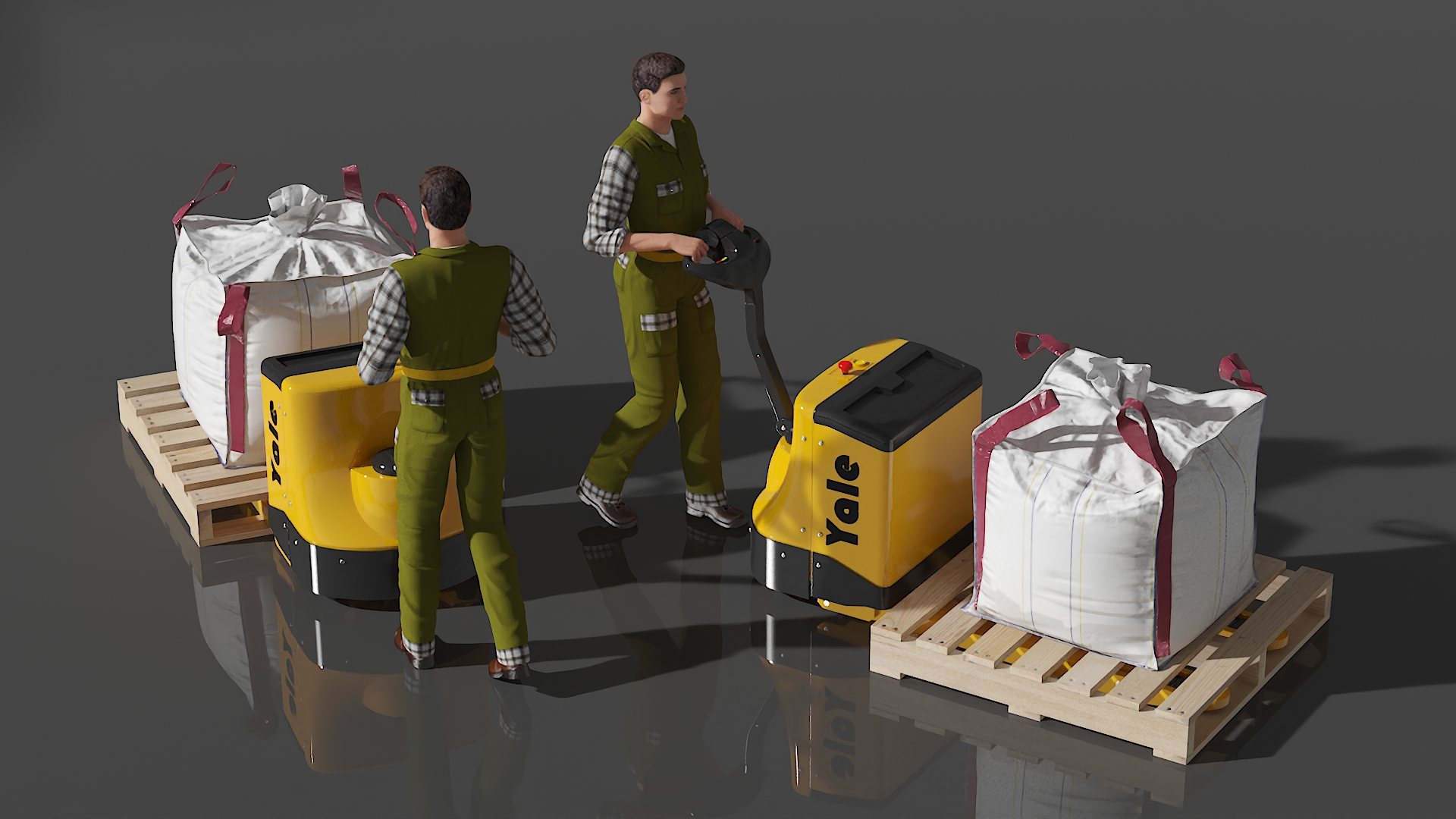 3D model Warehouse Worker with Electric Pallet Jack and Bulk Bag on Pallet