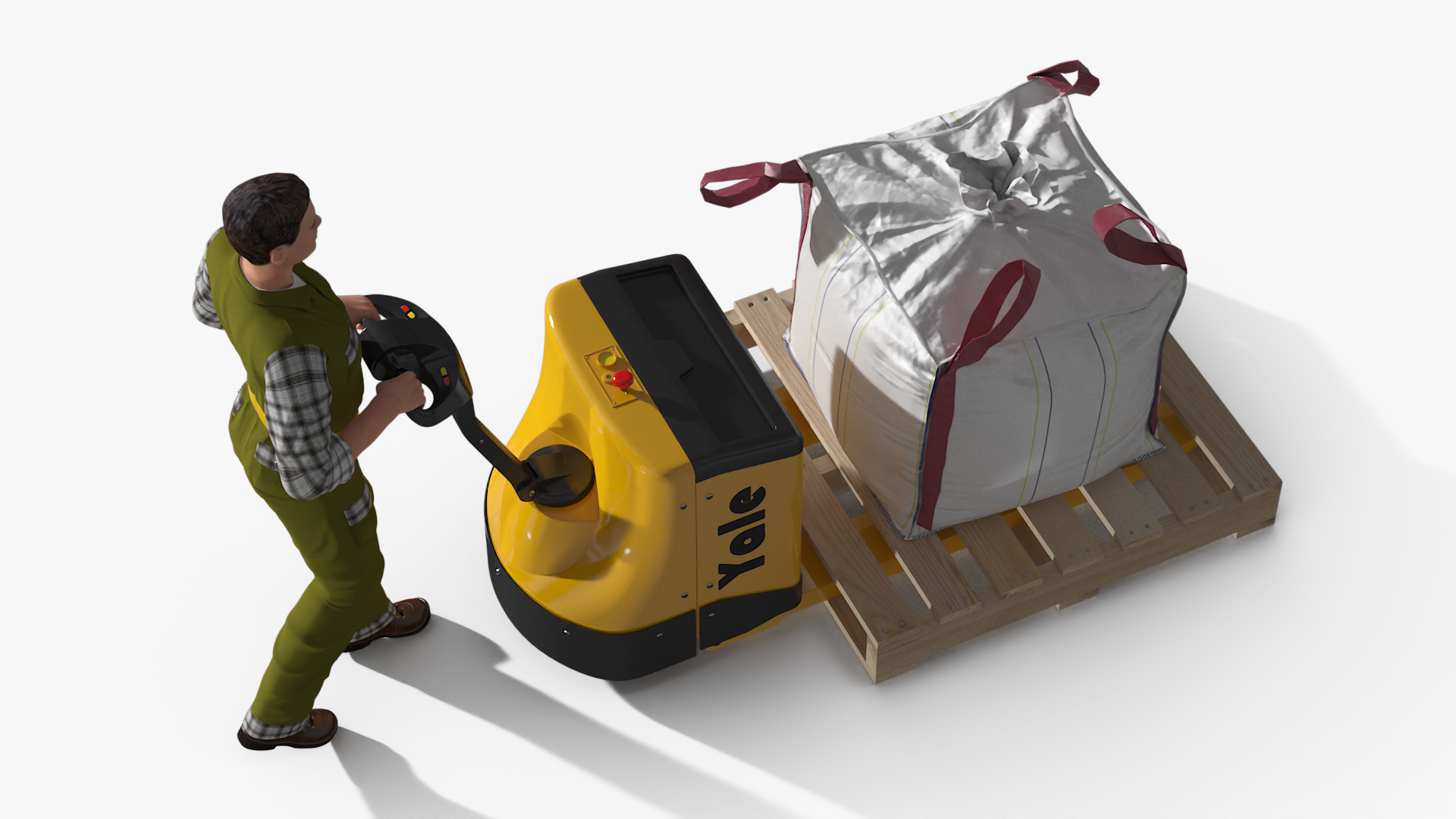 3D model Warehouse Worker with Electric Pallet Jack and Bulk Bag on Pallet