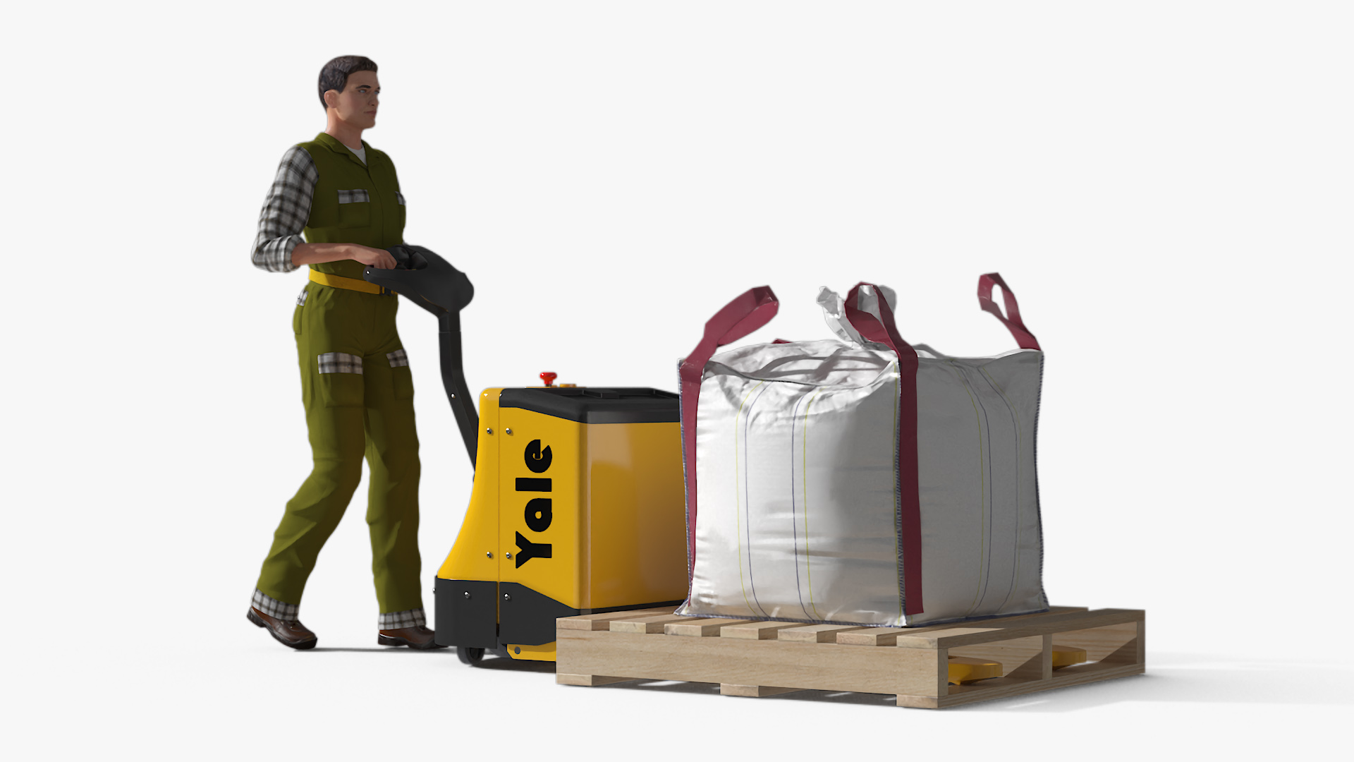 3D model Warehouse Worker with Electric Pallet Jack and Bulk Bag on Pallet