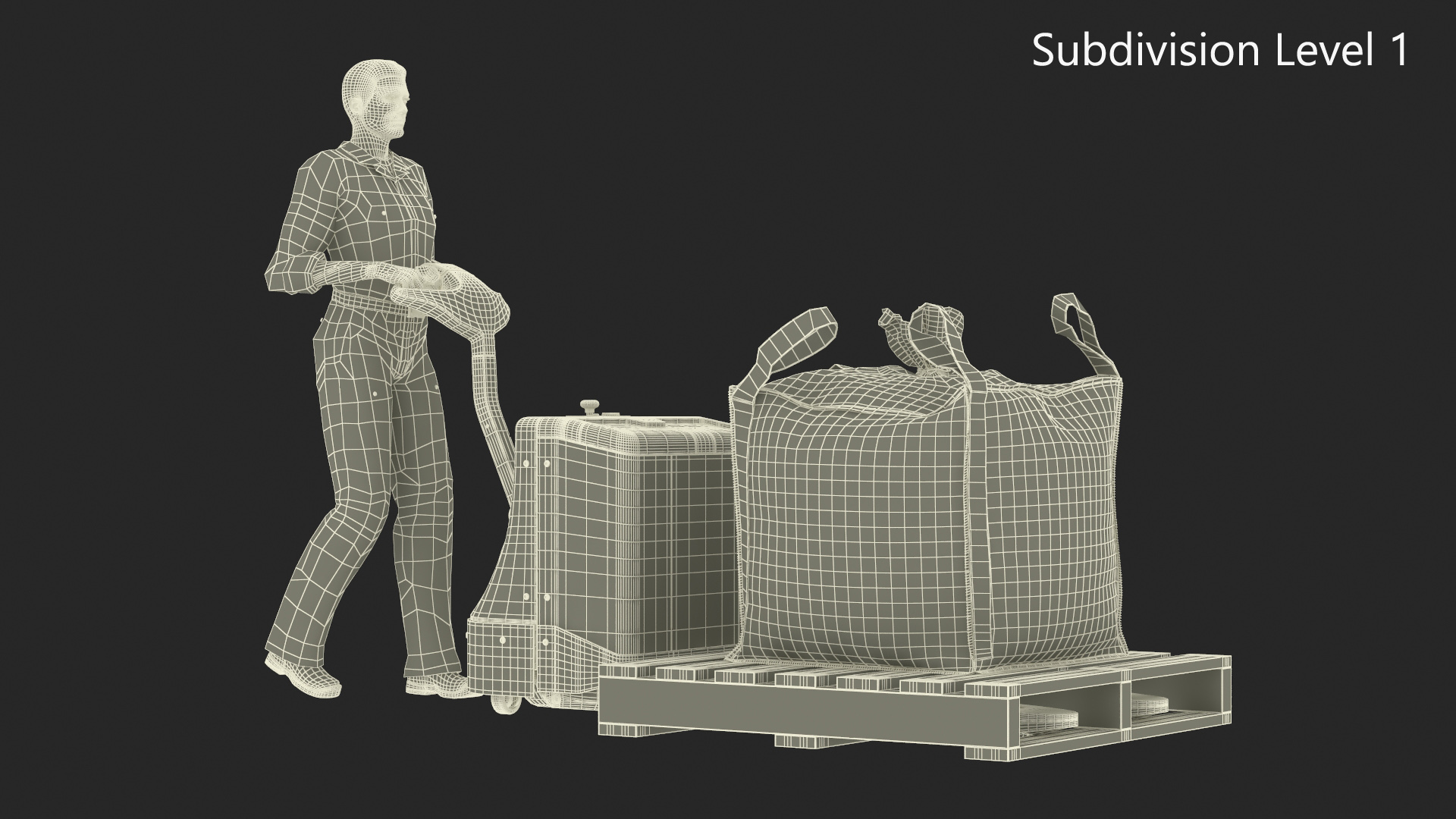 3D model Warehouse Worker with Electric Pallet Jack and Bulk Bag on Pallet