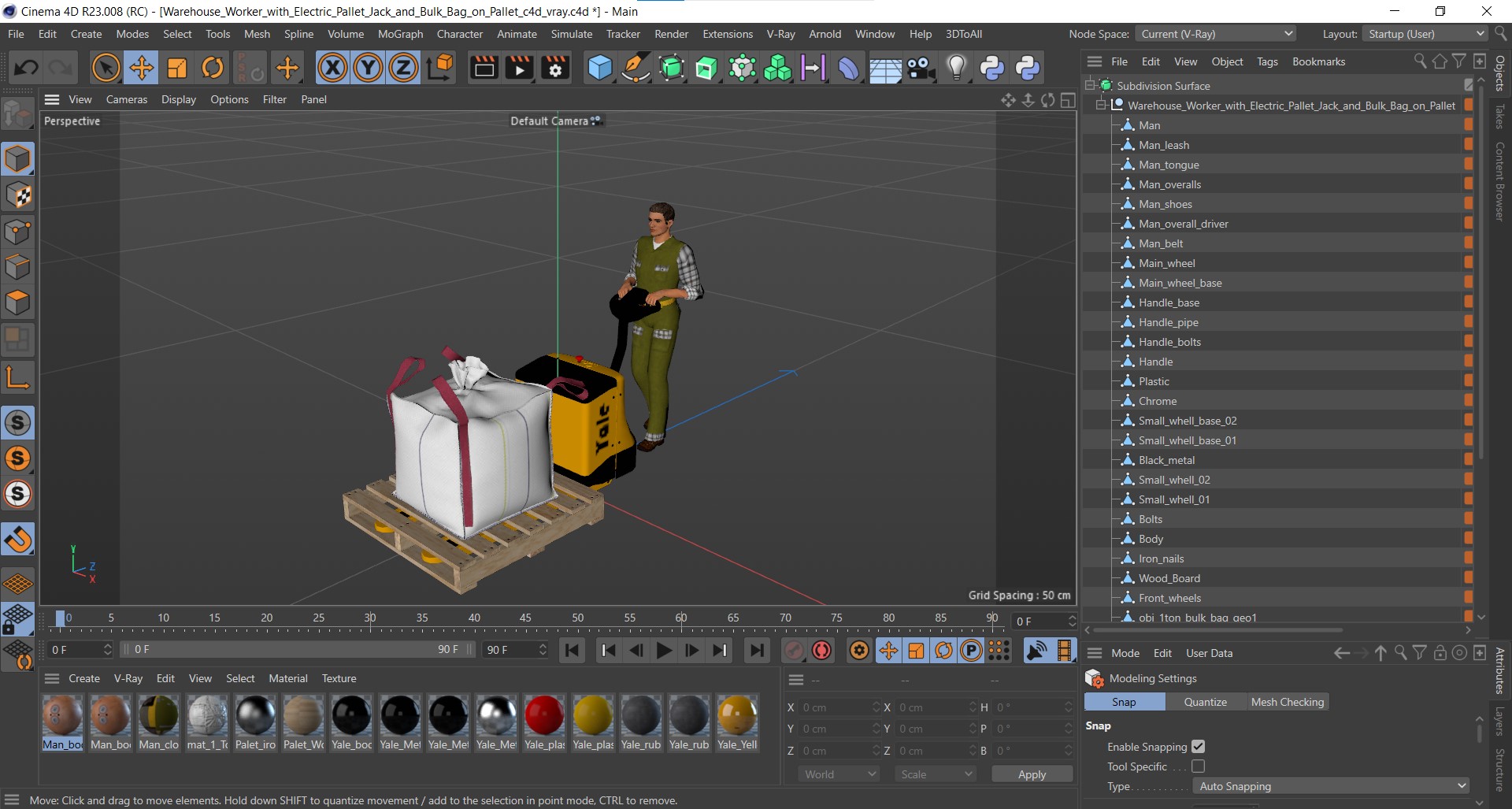 3D model Warehouse Worker with Electric Pallet Jack and Bulk Bag on Pallet