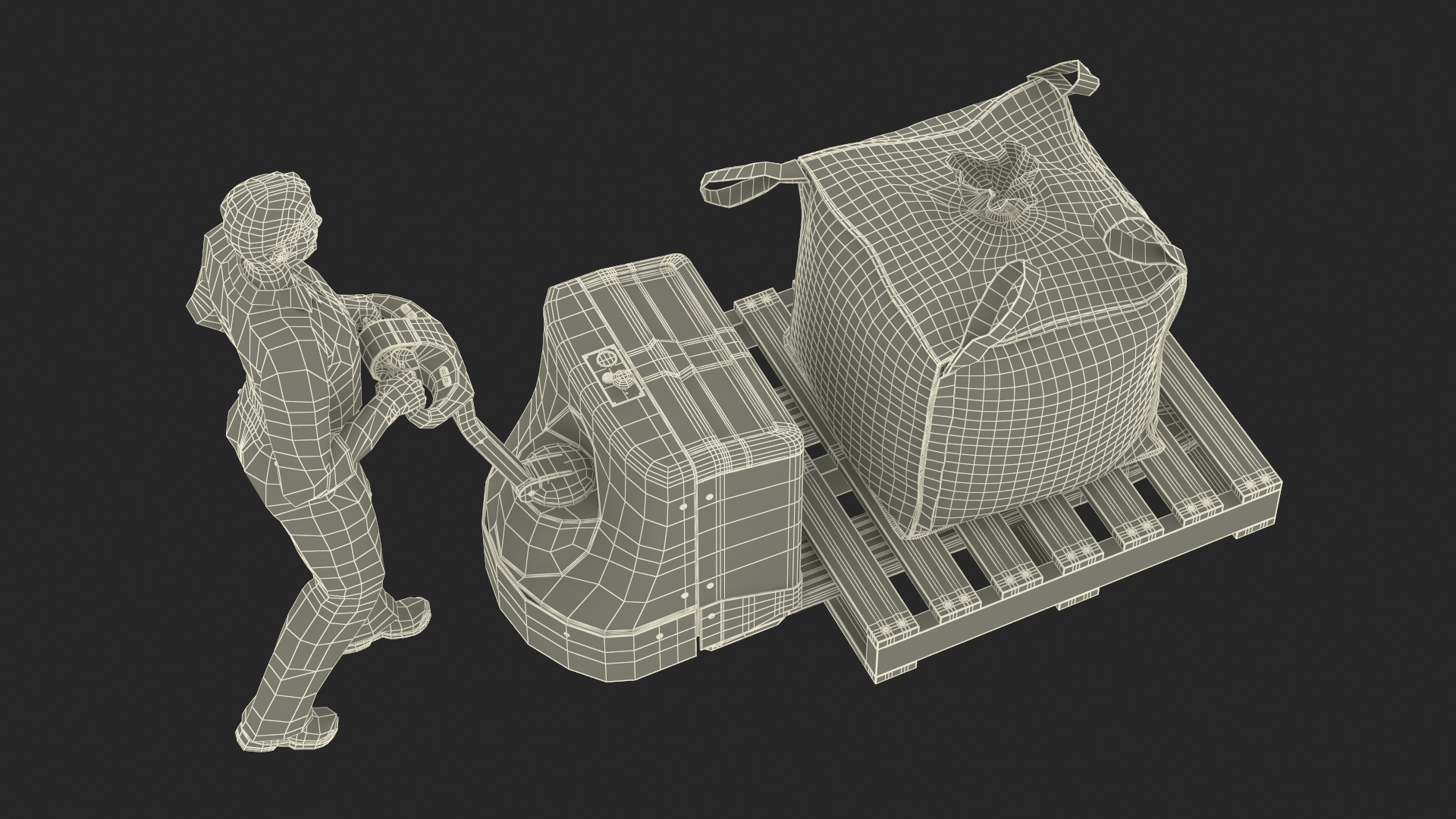 3D model Warehouse Worker with Electric Pallet Jack and Bulk Bag on Pallet