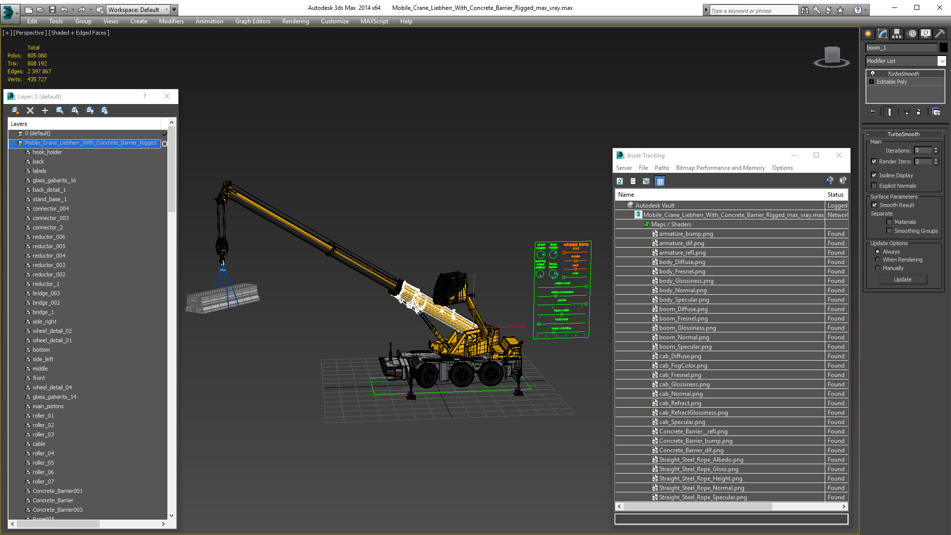 3D Mobile Crane Liebherr with Concrete Barriers Rigged