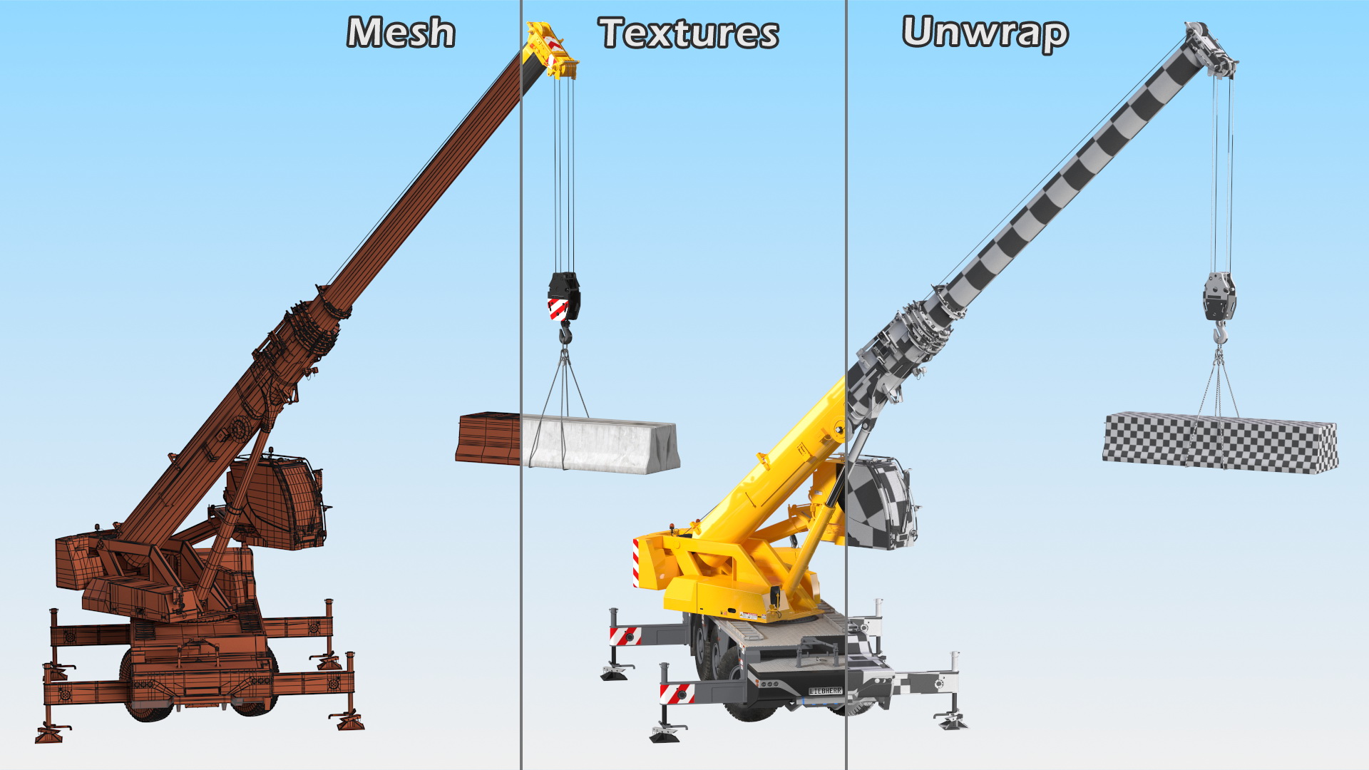 3D Mobile Crane Liebherr with Concrete Barriers Rigged
