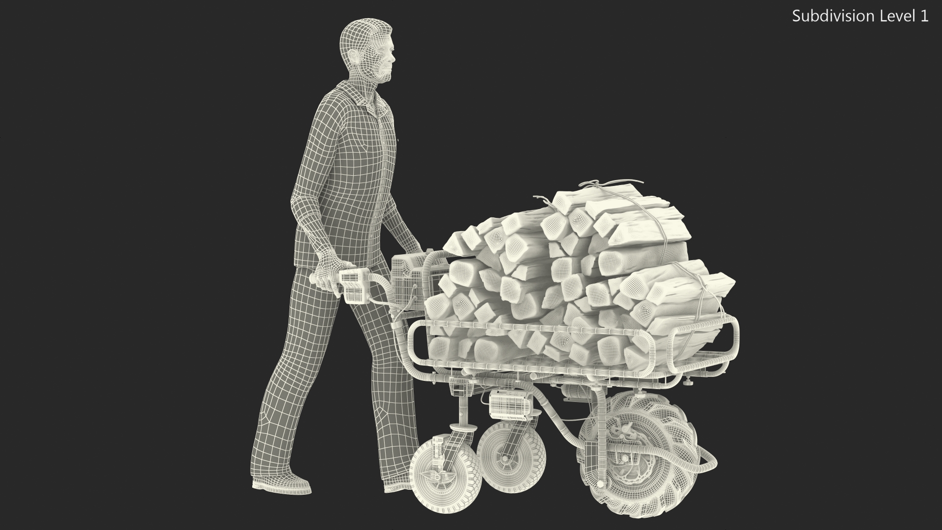 3D model Elderly Man Makita DCU180ZF Electric Wheelbarrow with Wood Rigged