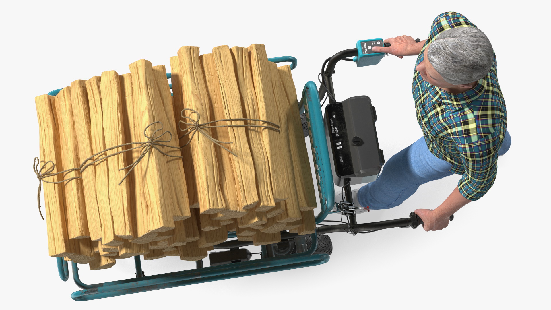 3D model Elderly Man Makita DCU180ZF Electric Wheelbarrow with Wood Rigged