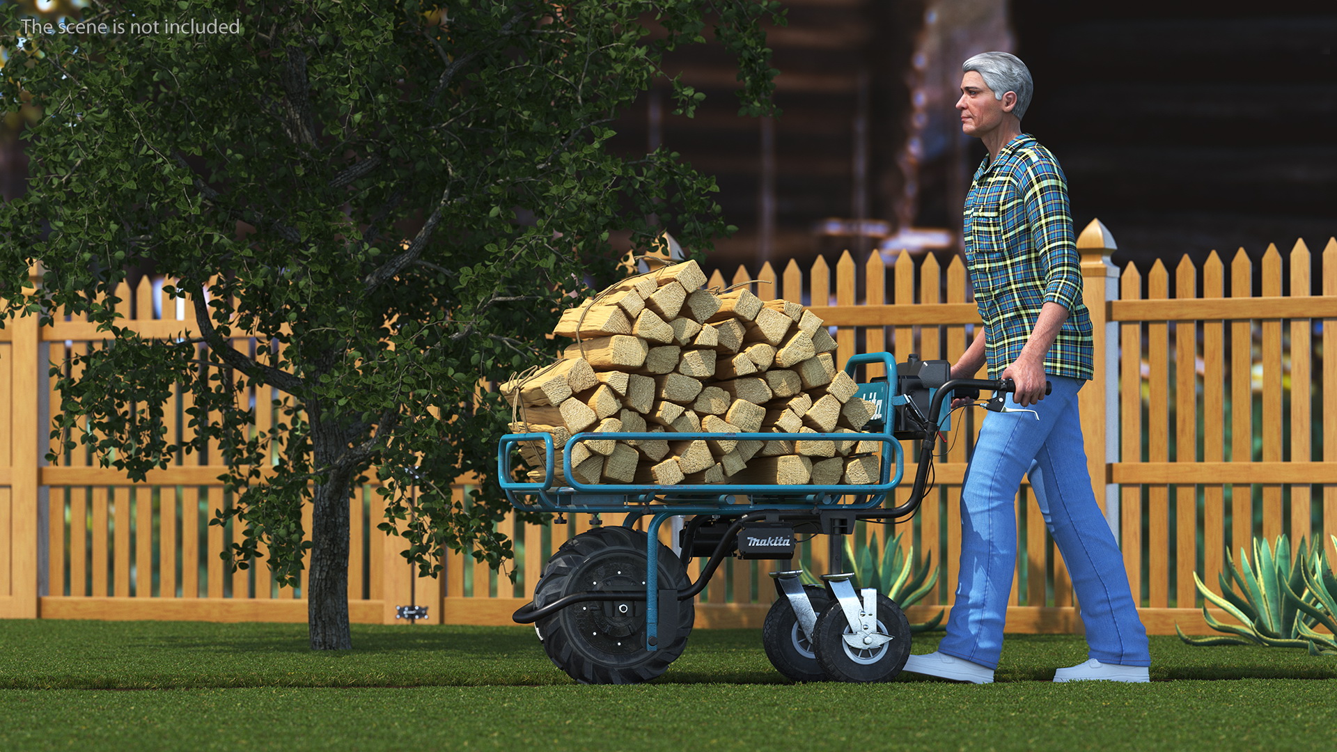 3D model Elderly Man Makita DCU180ZF Electric Wheelbarrow with Wood Rigged