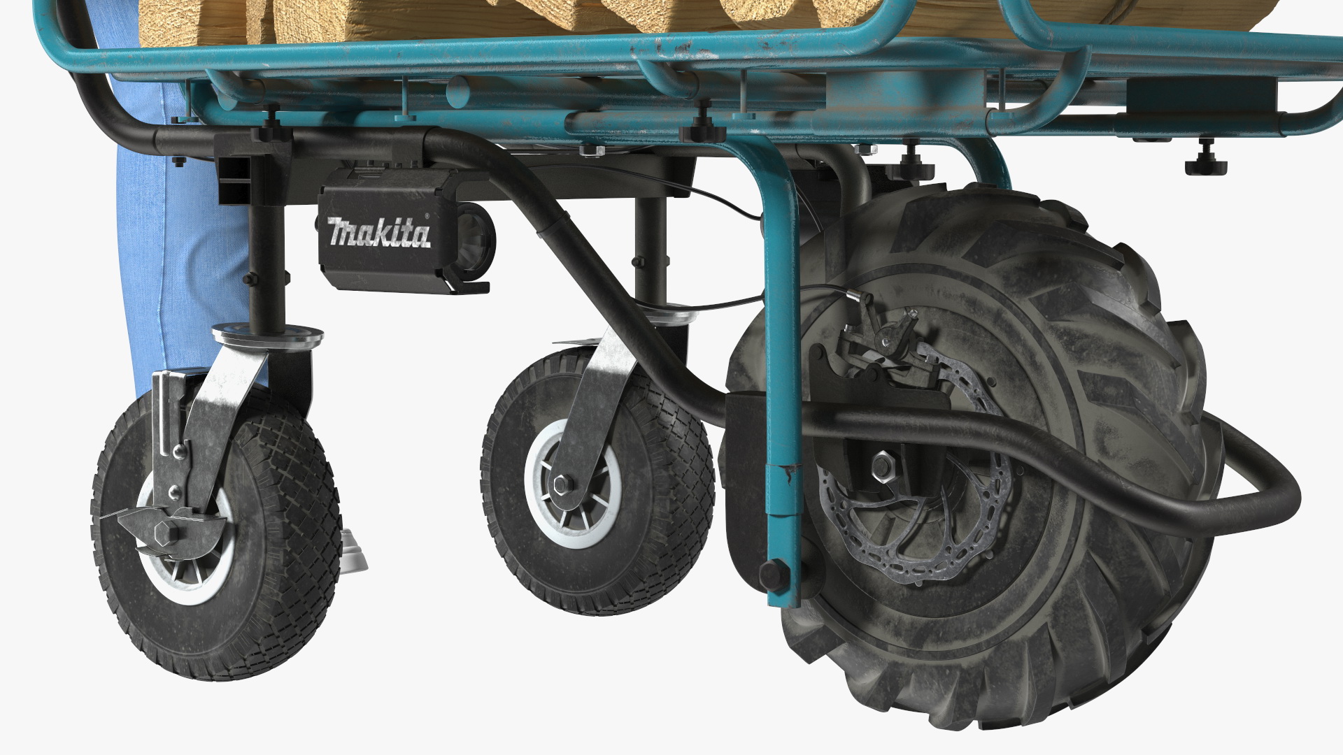 3D model Elderly Man Makita DCU180ZF Electric Wheelbarrow with Wood Rigged