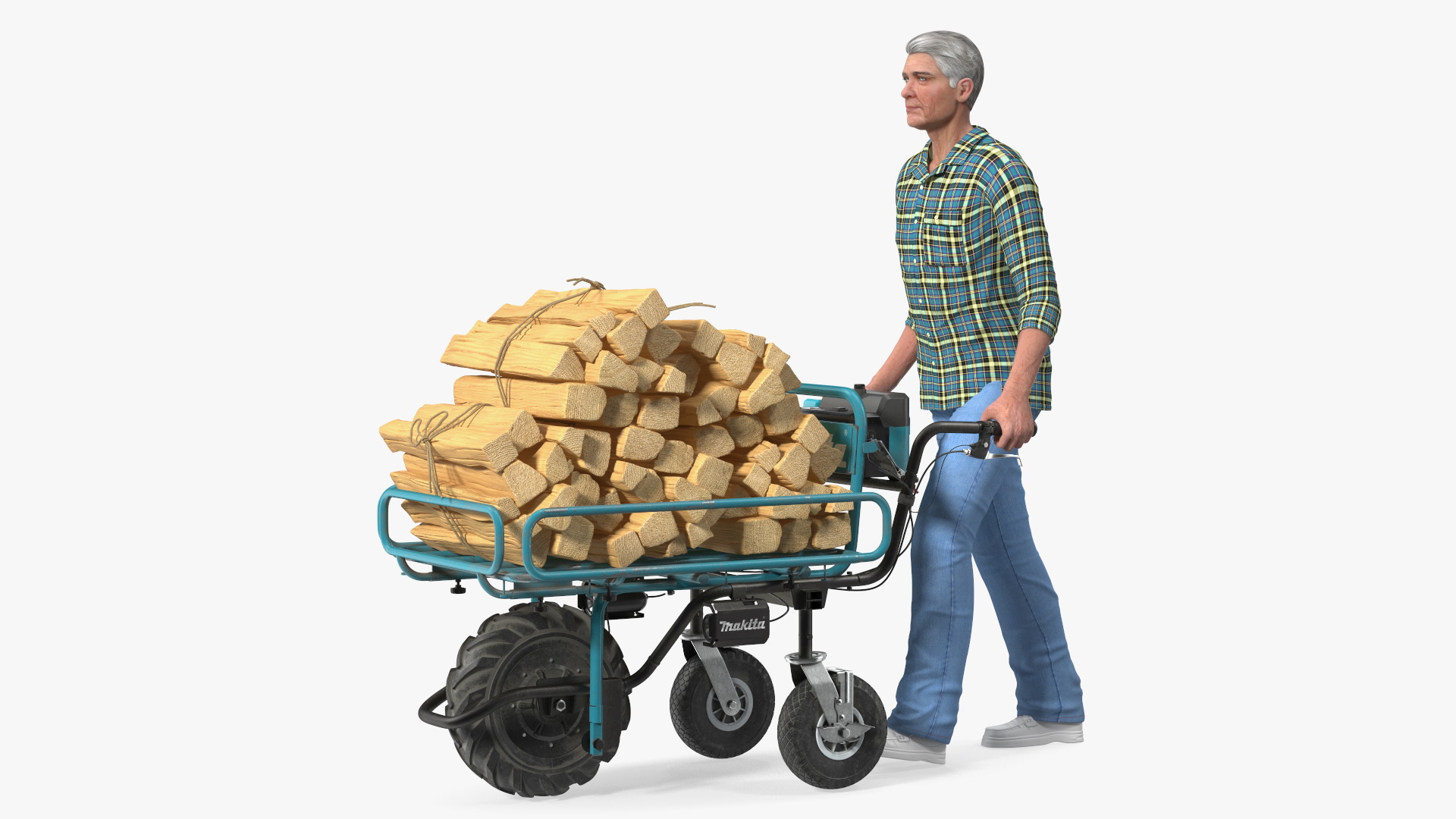 3D model Elderly Man Makita DCU180ZF Electric Wheelbarrow with Wood Rigged