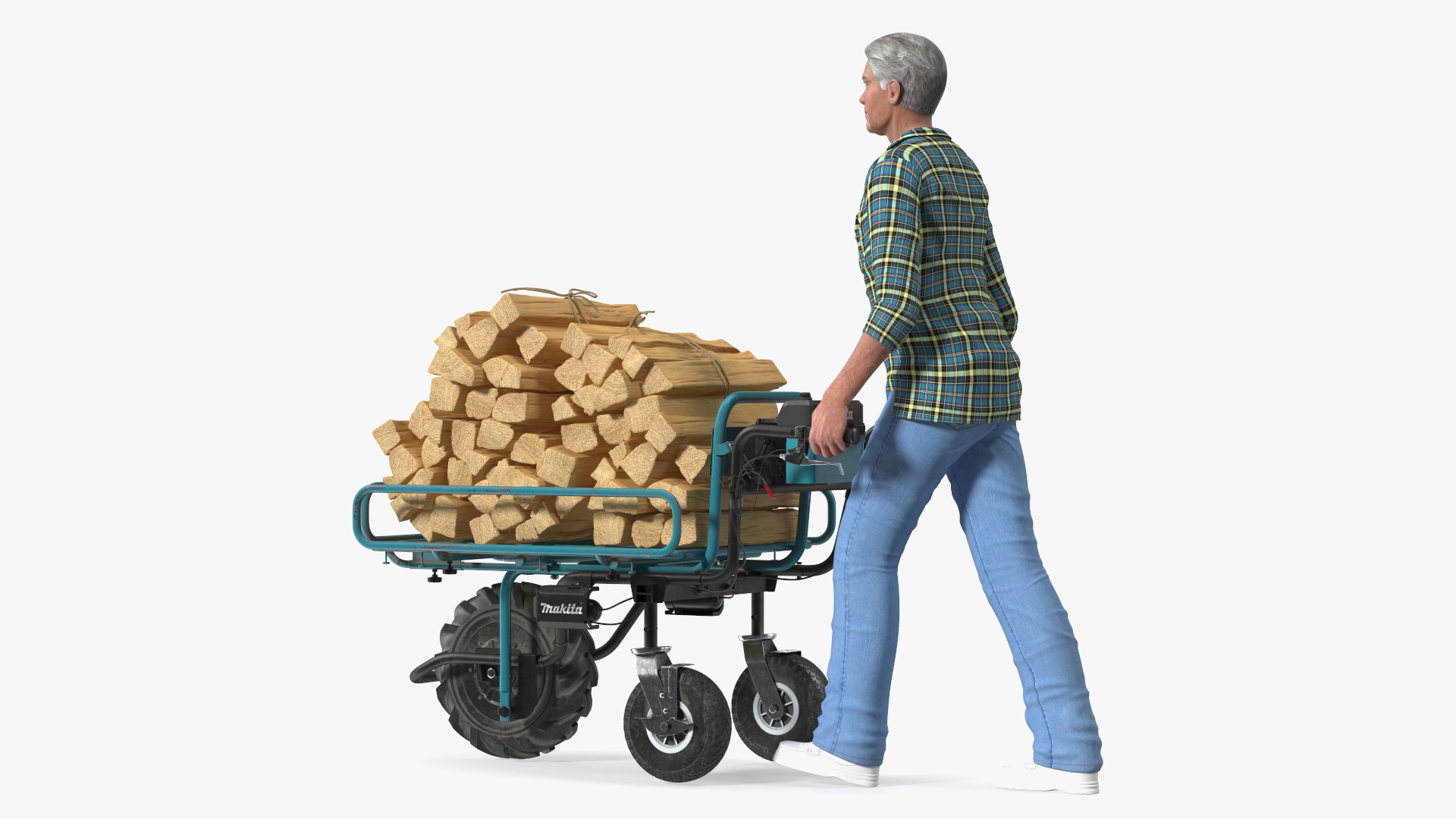 3D model Elderly Man Makita DCU180ZF Electric Wheelbarrow with Wood Rigged