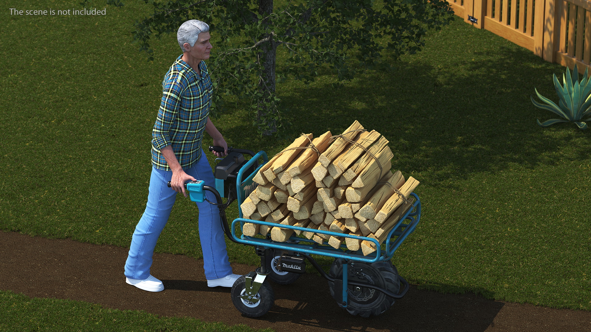 3D model Elderly Man Makita DCU180ZF Electric Wheelbarrow with Wood Rigged