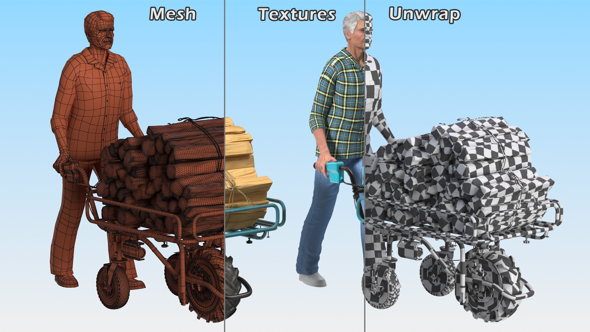 3D model Elderly Man Makita DCU180ZF Electric Wheelbarrow with Wood Rigged