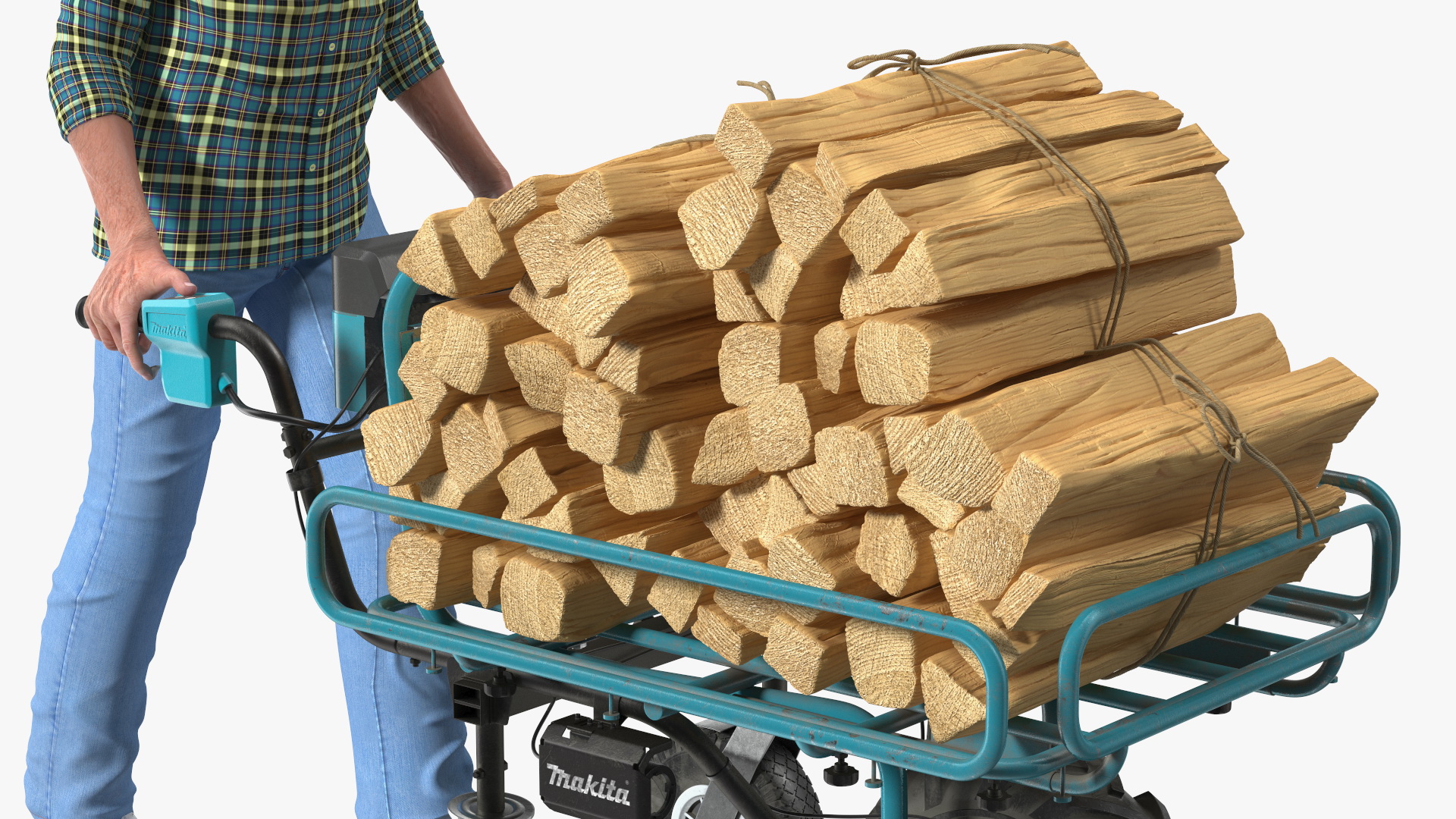 3D model Elderly Man Makita DCU180ZF Electric Wheelbarrow with Wood Rigged