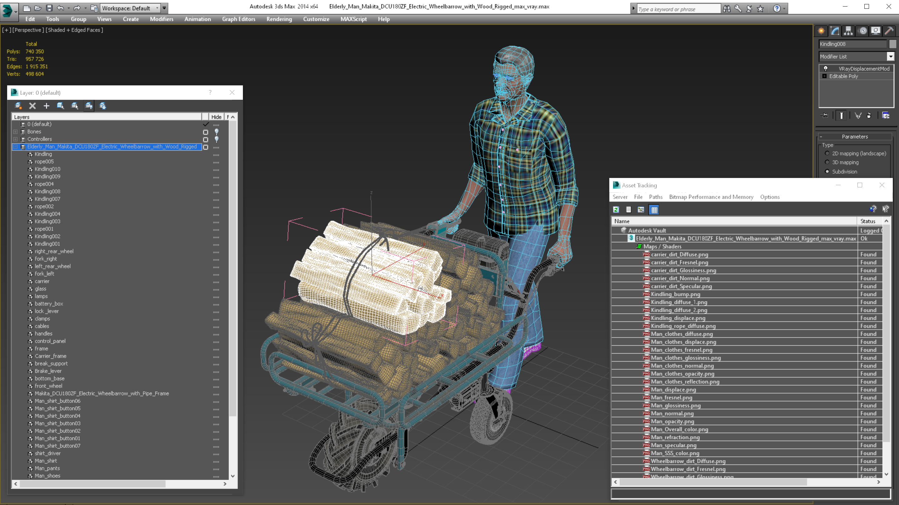 3D model Elderly Man Makita DCU180ZF Electric Wheelbarrow with Wood Rigged