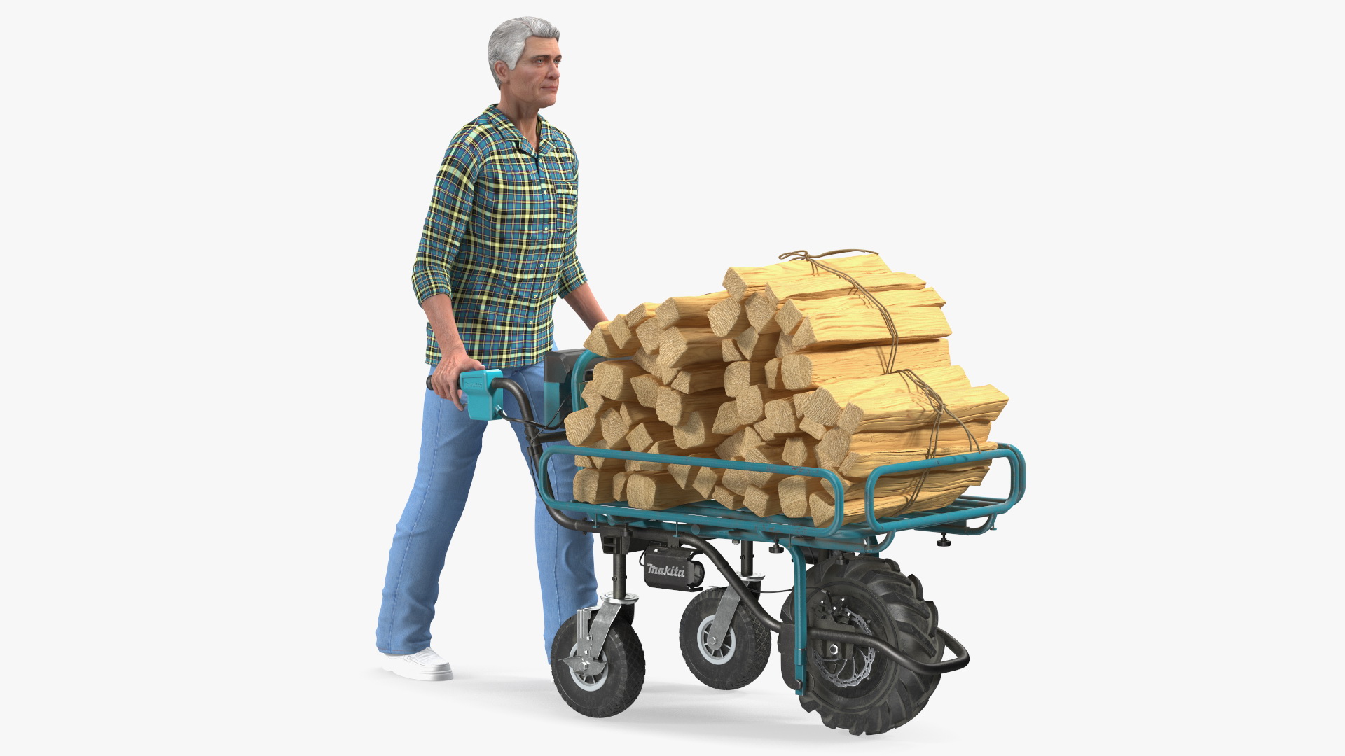 3D model Elderly Man Makita DCU180ZF Electric Wheelbarrow with Wood Rigged