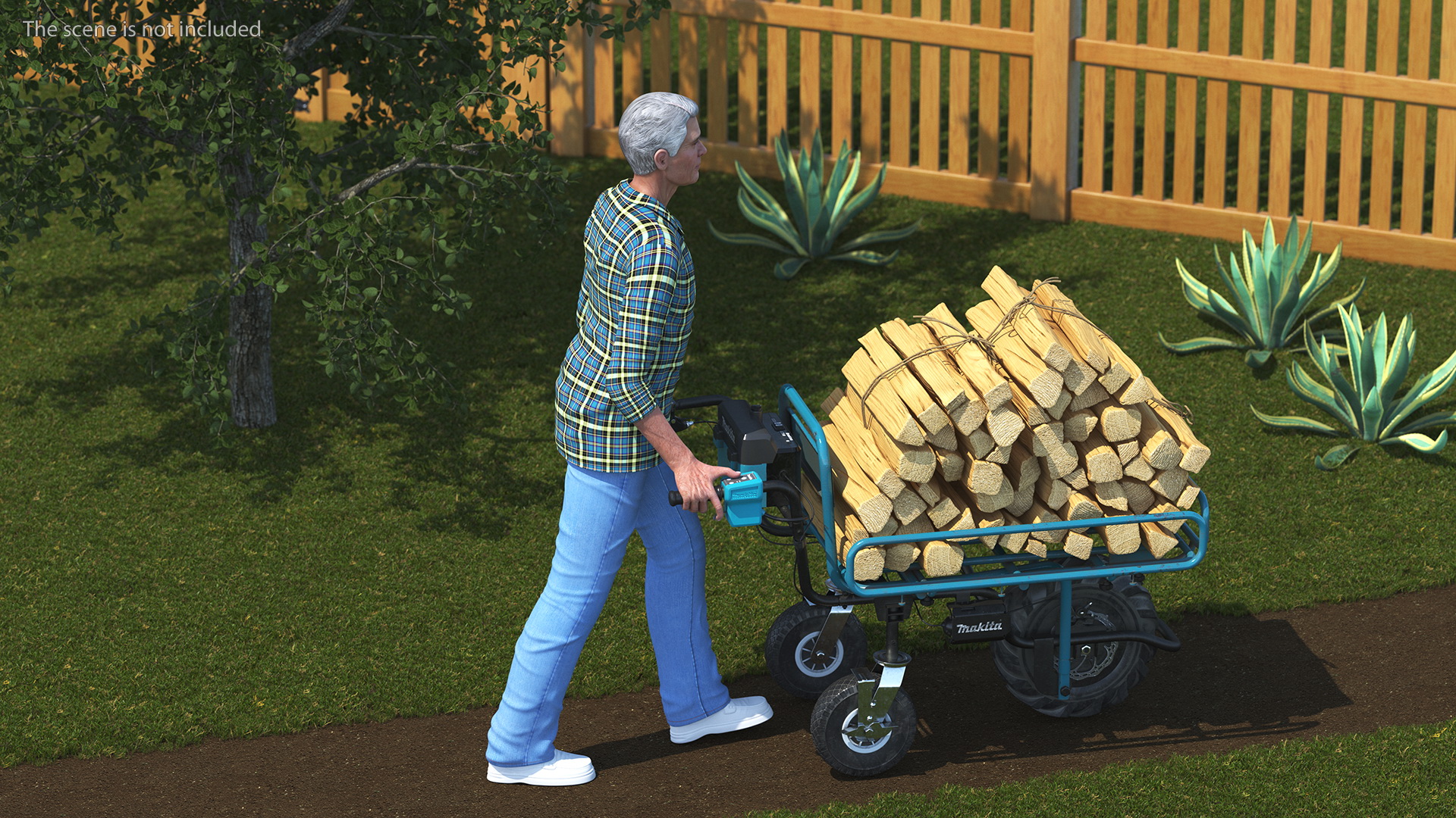 3D model Elderly Man Makita DCU180ZF Electric Wheelbarrow with Wood Rigged