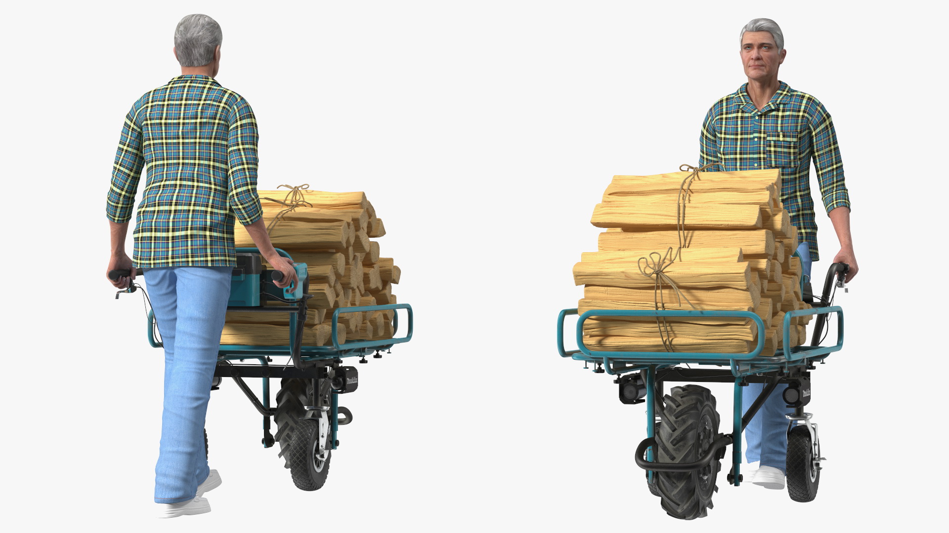 3D model Elderly Man Makita DCU180ZF Electric Wheelbarrow with Wood Rigged