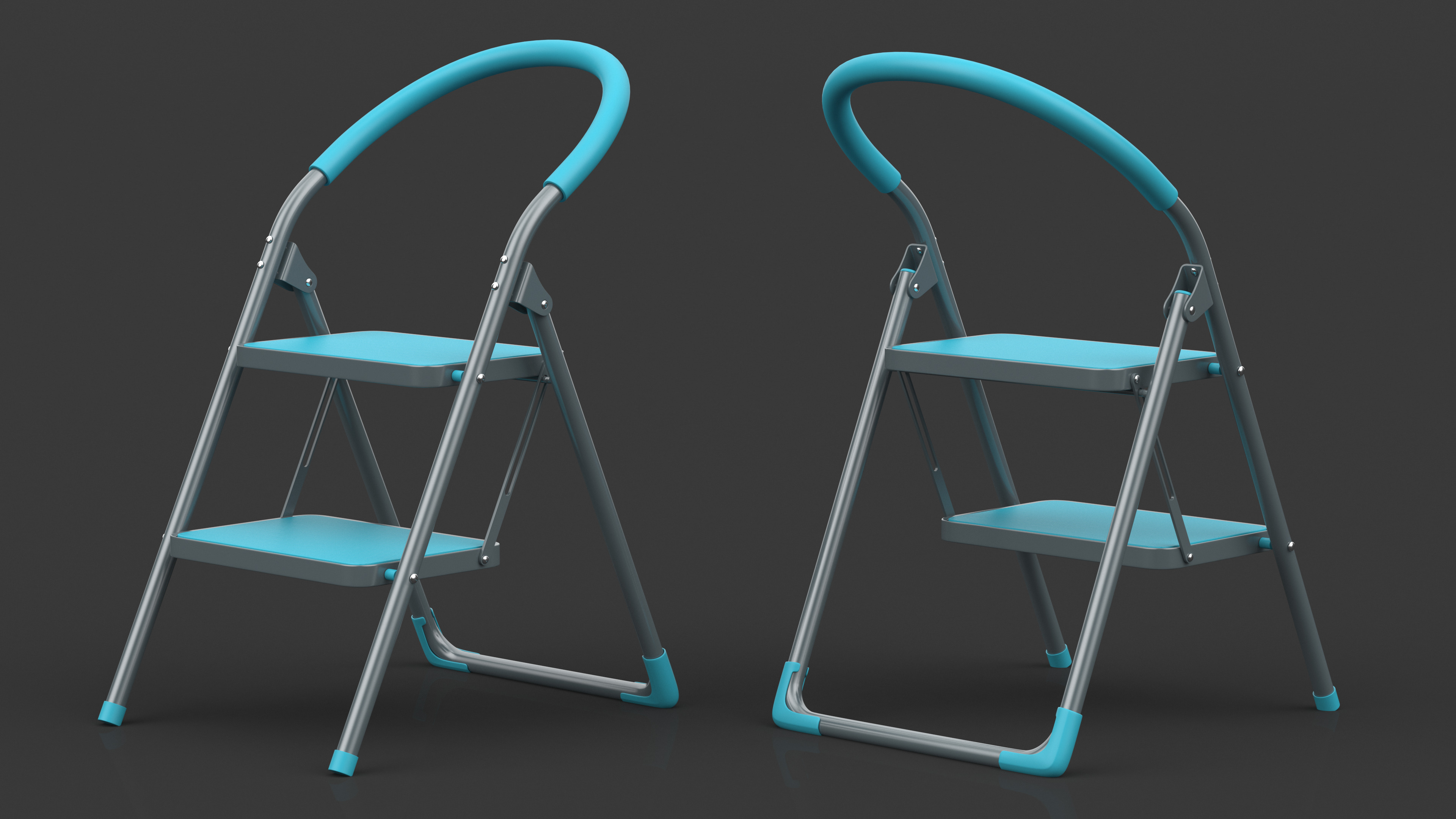 3D Grey Folding Step Stool with 2 Turquoise Blue Steps