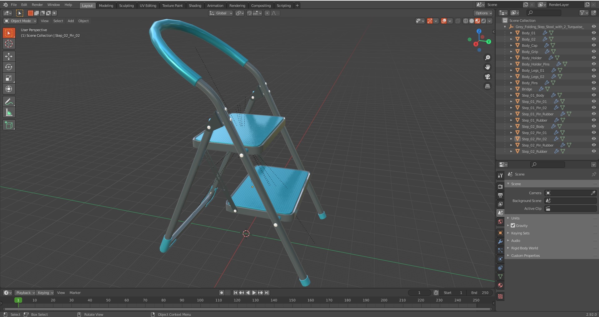 3D Grey Folding Step Stool with 2 Turquoise Blue Steps