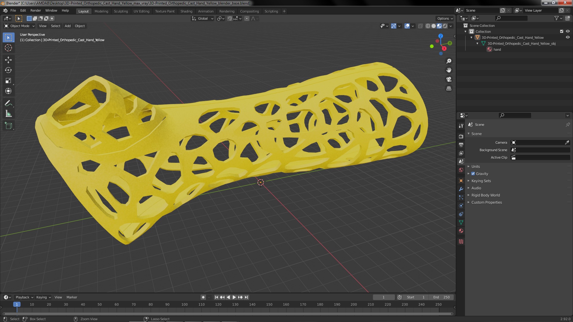 3D 3D-Printed Orthopedic Cast Hand Yellow model