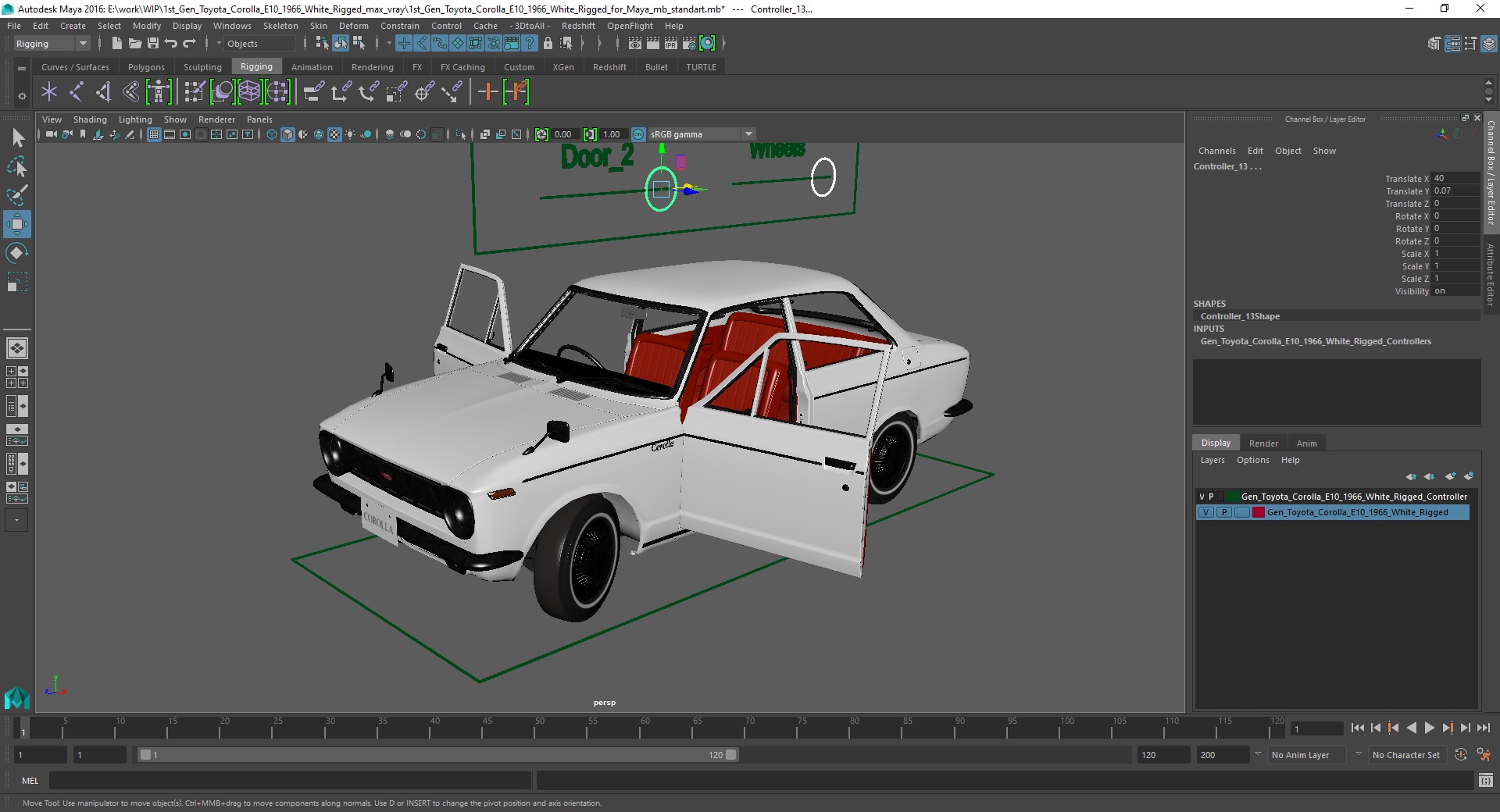 3D 1st Gen Toyota Corolla E10 1966 White Rigged for Maya model