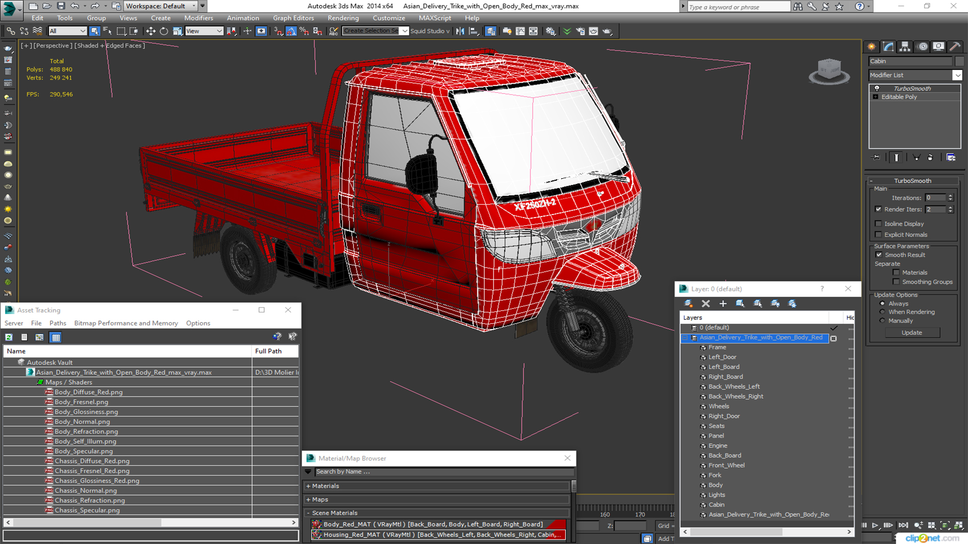 Asian Delivery Trike with Open Body Red 3D model