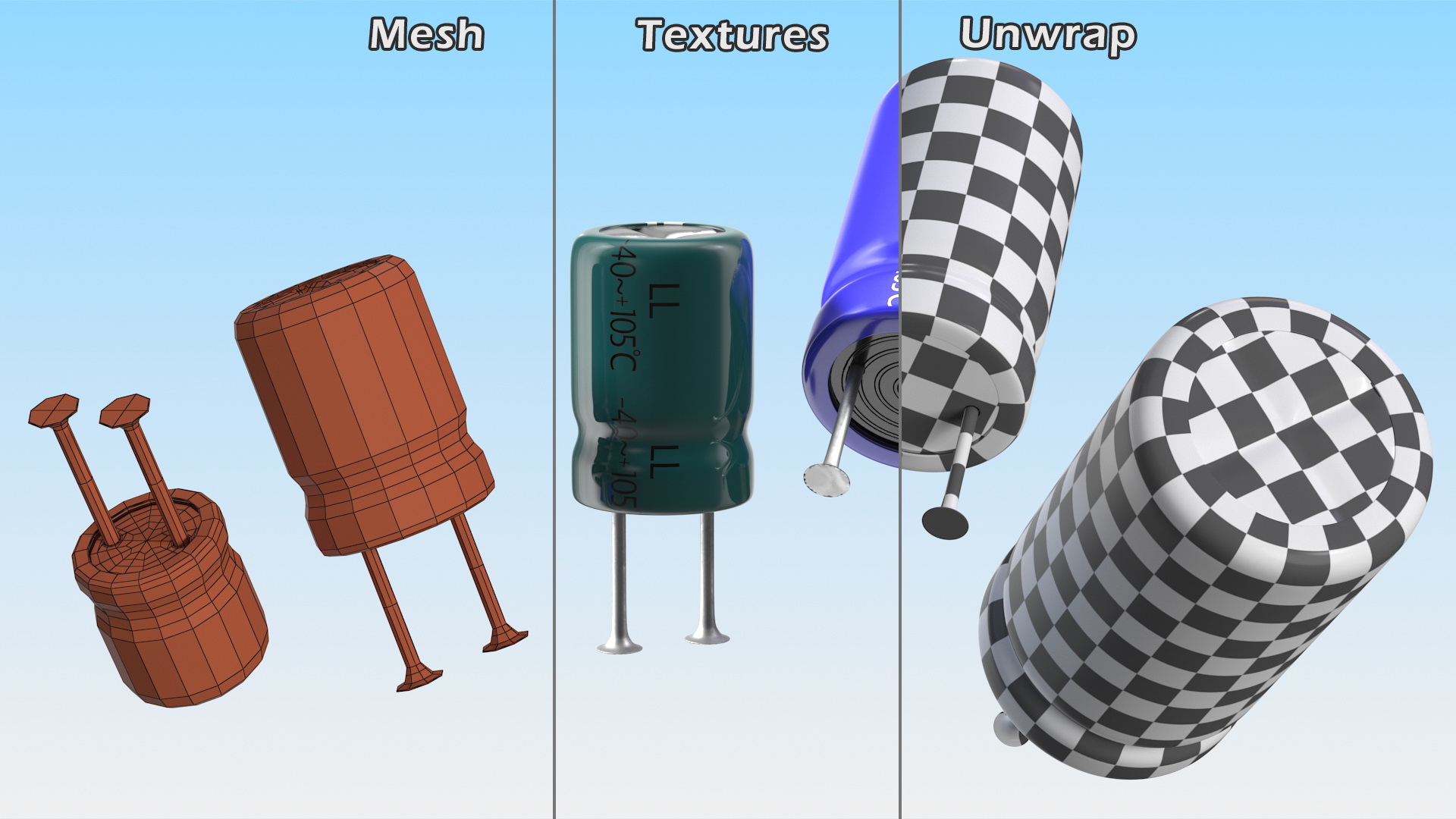3D model Electrolytic Capacitor Soldered Set