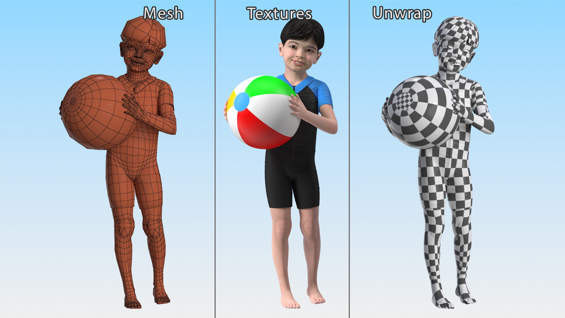 3D Asian Child Boy With Beach Ball