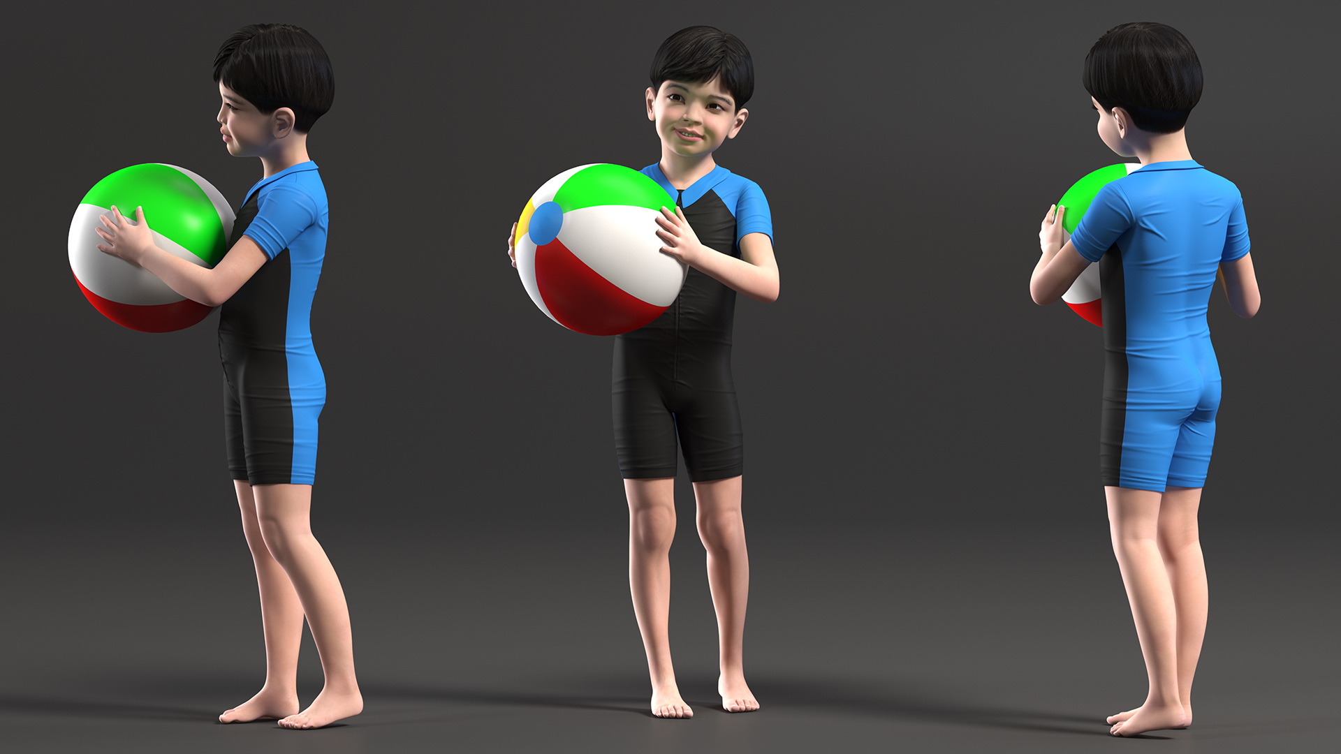 3D Asian Child Boy With Beach Ball