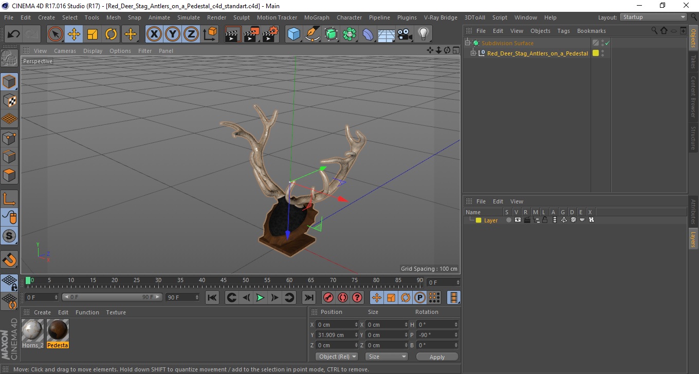 3D model Red Deer Stag Antlers on a Pedestal