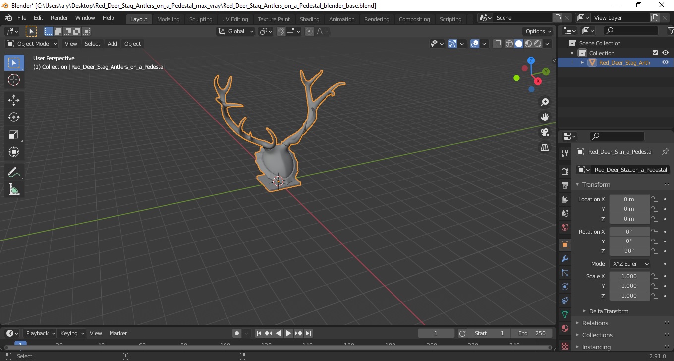 3D model Red Deer Stag Antlers on a Pedestal